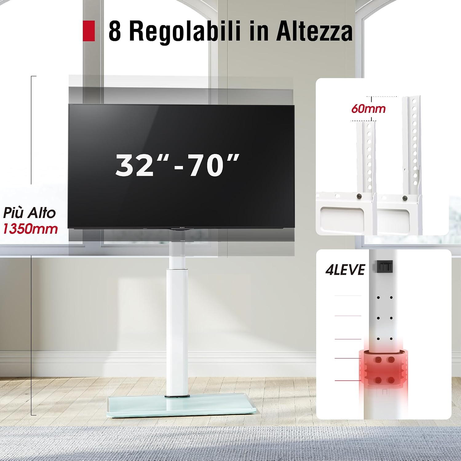 Thumbnail 2 de AOKCOS Supporto TV da Pavimento inclinabile per 32–70 pollici: stabilità, angolo regolabile e montaggio a terra