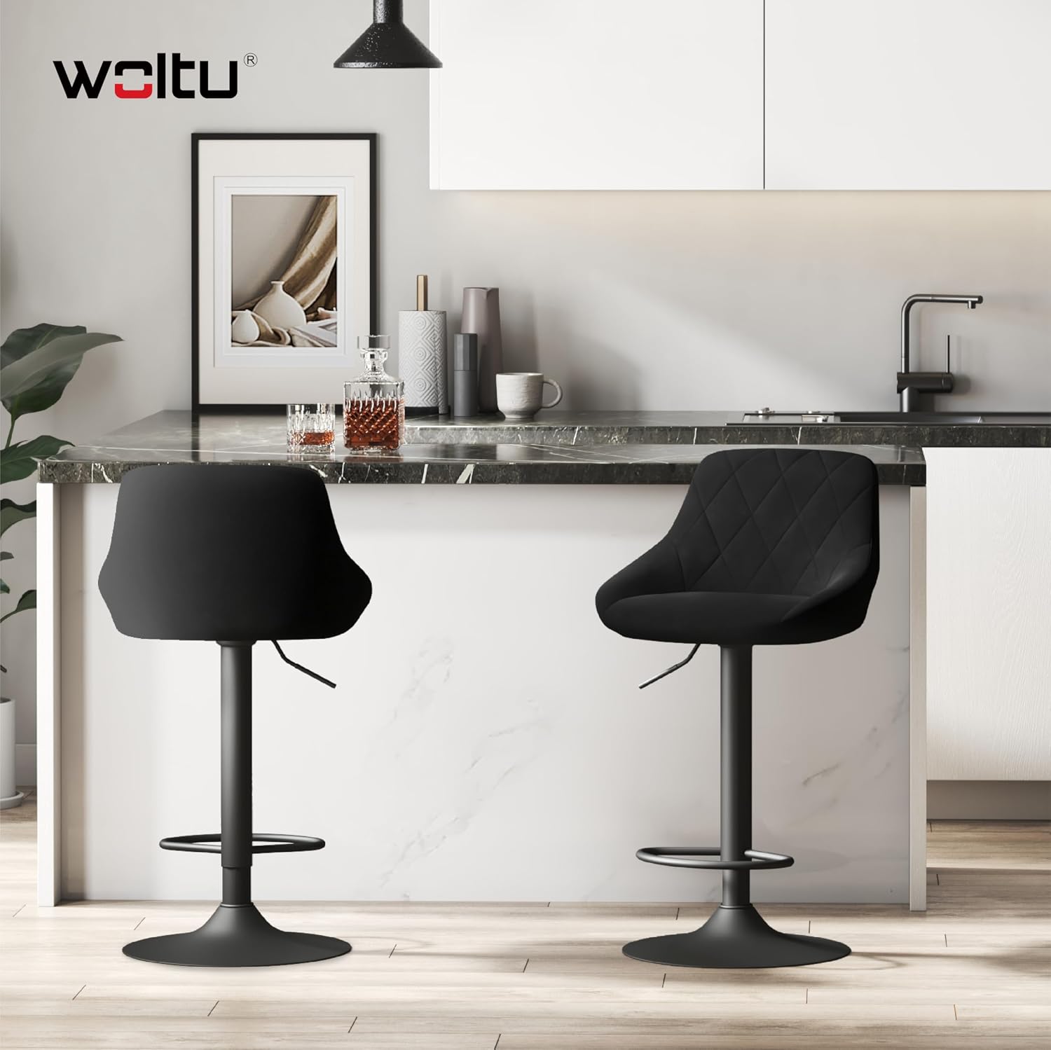 Detalle 2 de WOLTU 1er Barhocker mit Samtbezug, höhenverstellbar & 360° drehbar (schwarz)