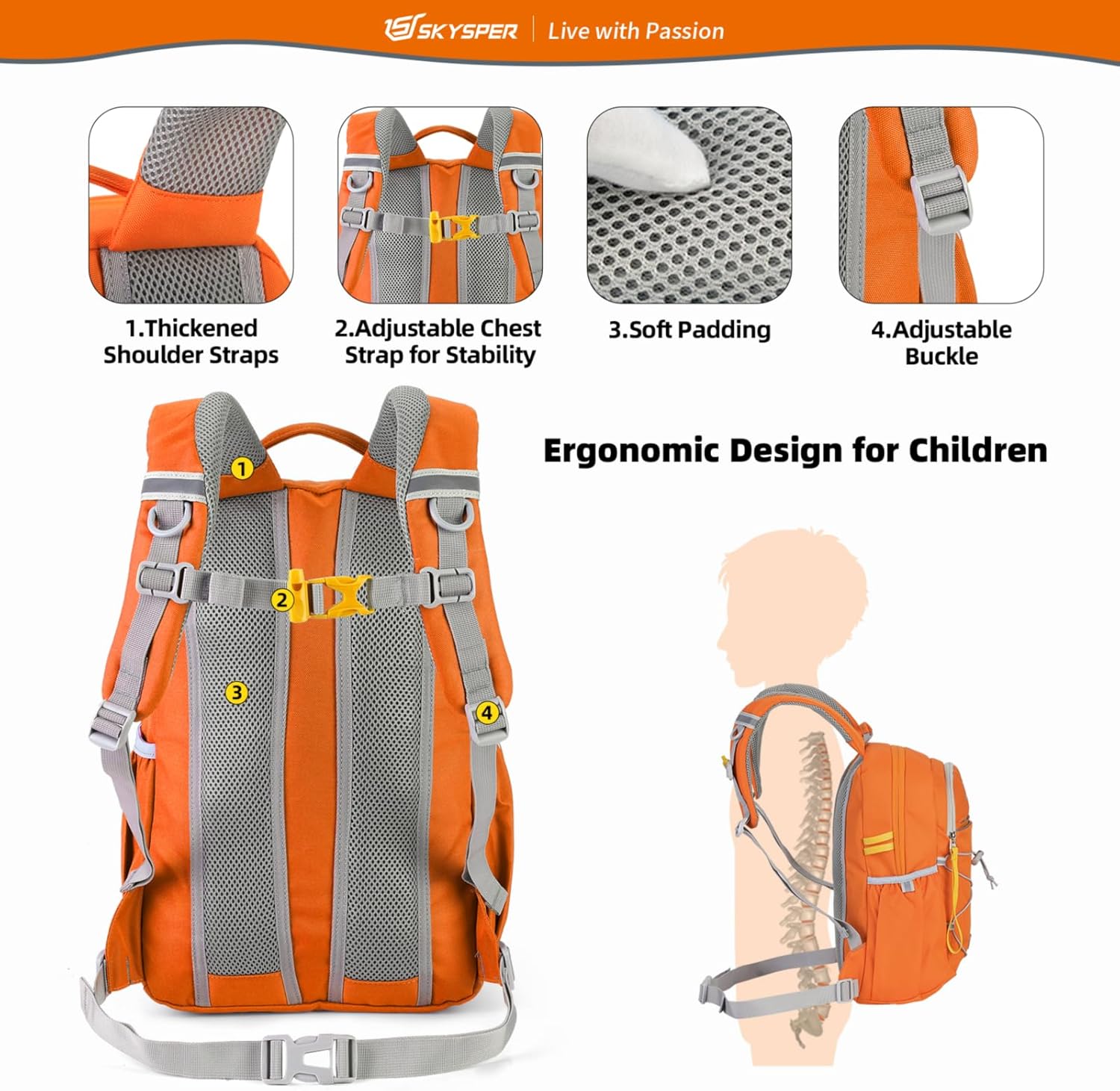 Detalle de SKYSPER Kinderrucksack fürs Wandern (3–8 Jahre) – komfortabler Rucksack mit Brustgurt und verstellbarer Größe