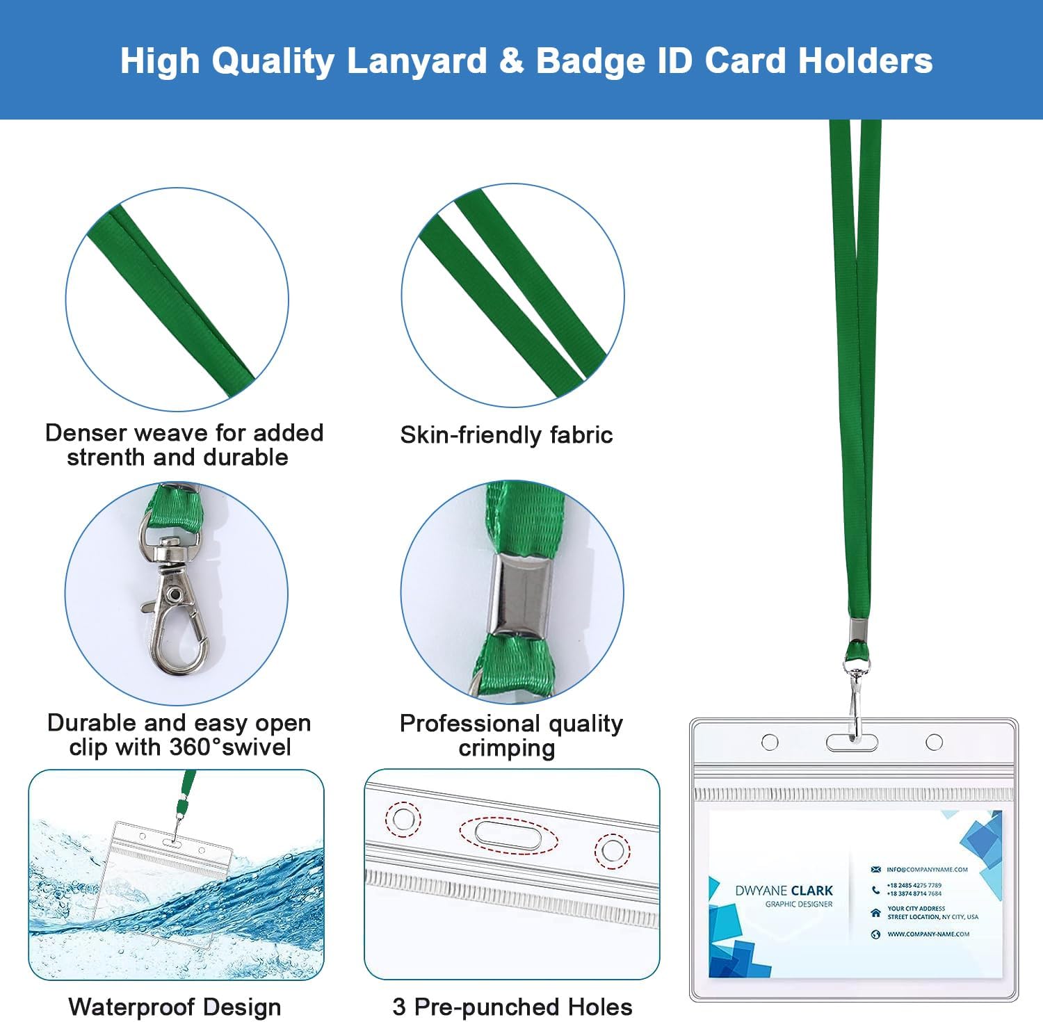 Thumbnail 2 de 50pcs Green Lanyards with Clear PVC Card Holders and ID Badge Holders (Waterproof, Sealable) — for Office, School and Events