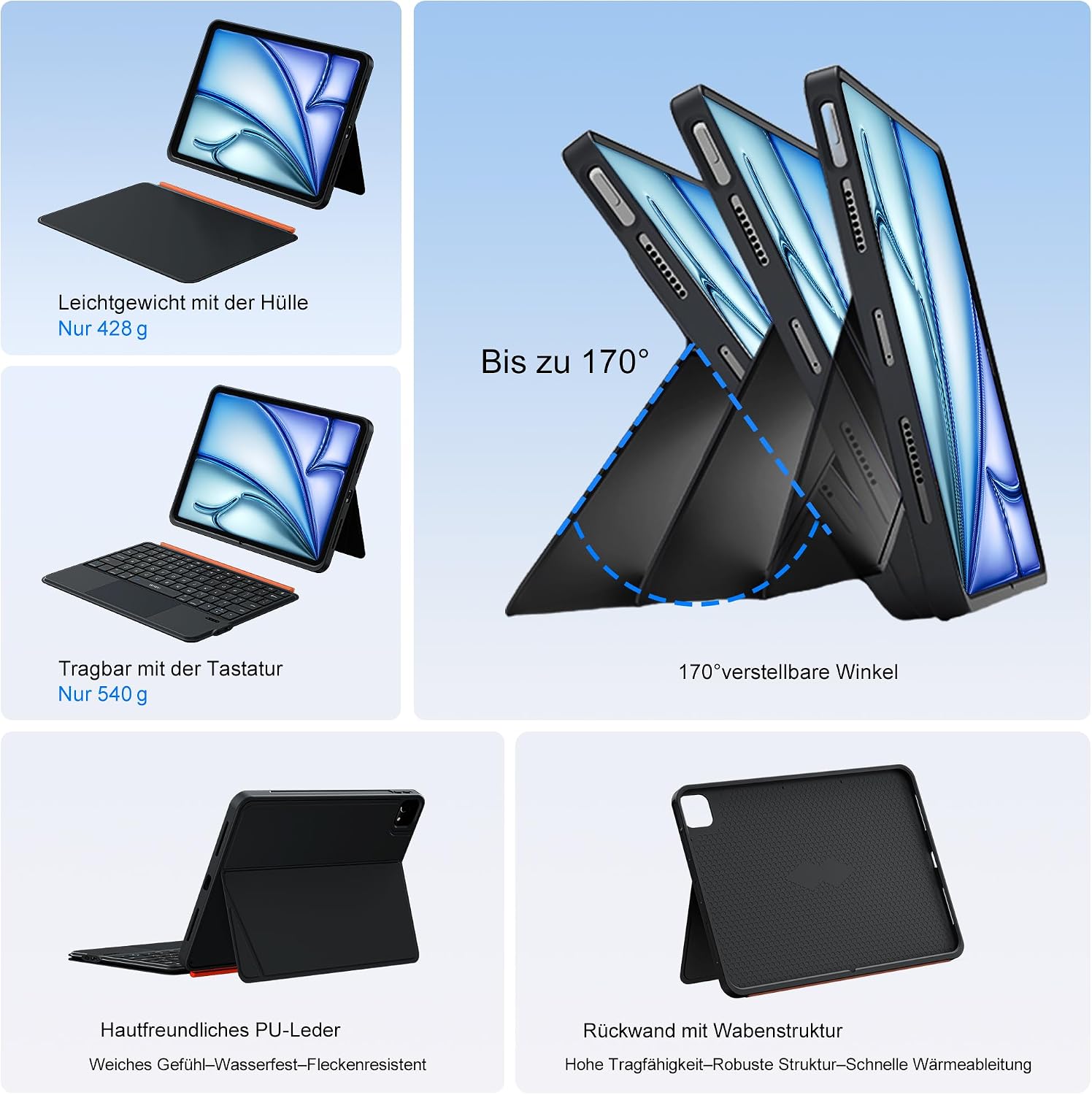 Detalle de WIWU Tastaturhülle 3-in-1 für iPad 11 Zoll – Air/M4/M2/M3 Pro 11" mit beleuchteter Tastatur, Touchpad und abnehmbarem Ständer