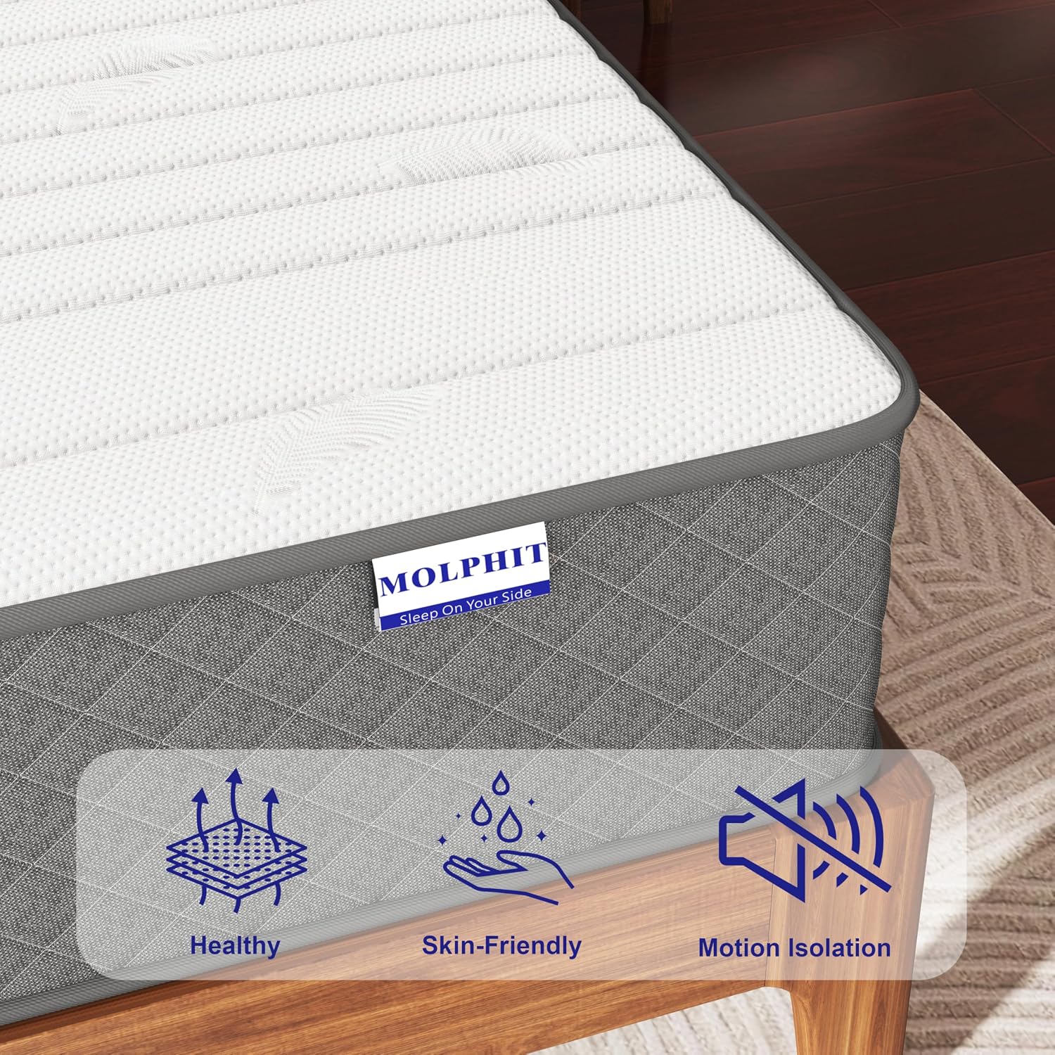 Detalle de MOLPHIT 10 Inch Double Mattress (7-Zone Hybrid) – Memory Foam & Pocket Sprung, Medium Firm 135x190x25cm