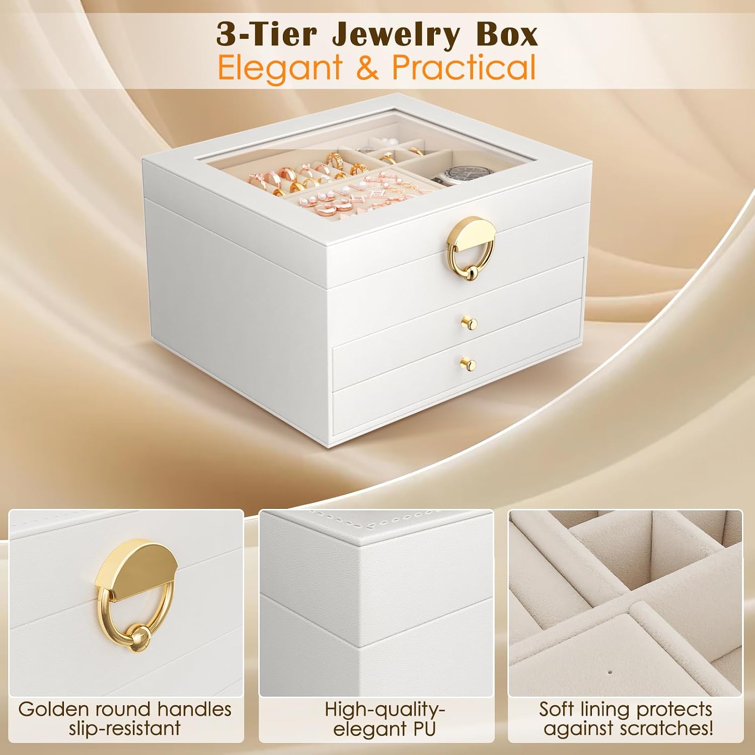 Thumbnail 3 de OrderlyGo Large Jewellery Box: 3-Tier, 2 Drawers Jewellery Organiser in Cloud White