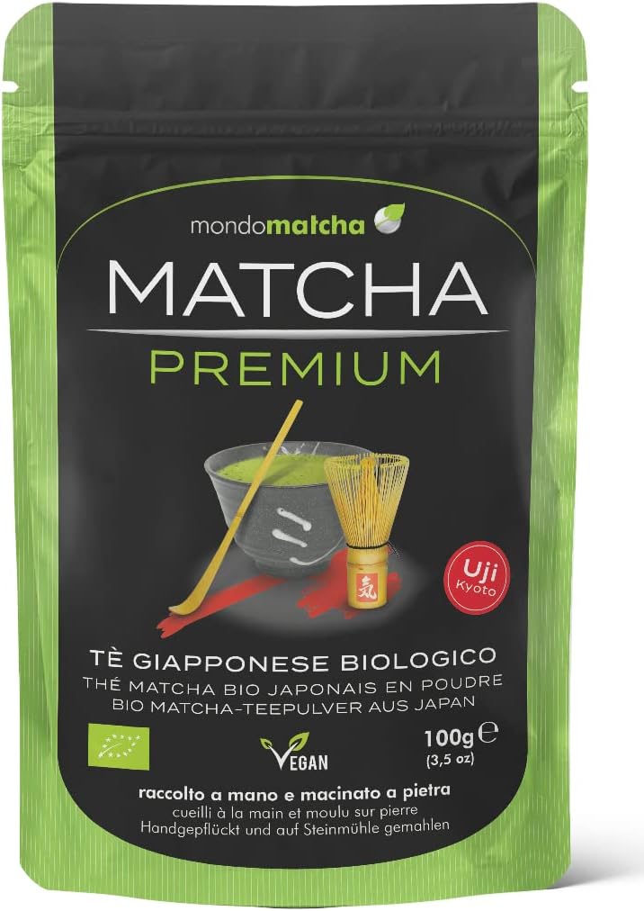 Detalle de Mondomatcha Tè Verde Matcha Bio Giapponese - Premium da Uji, raccolto a mano e macinato a pietra, 100g