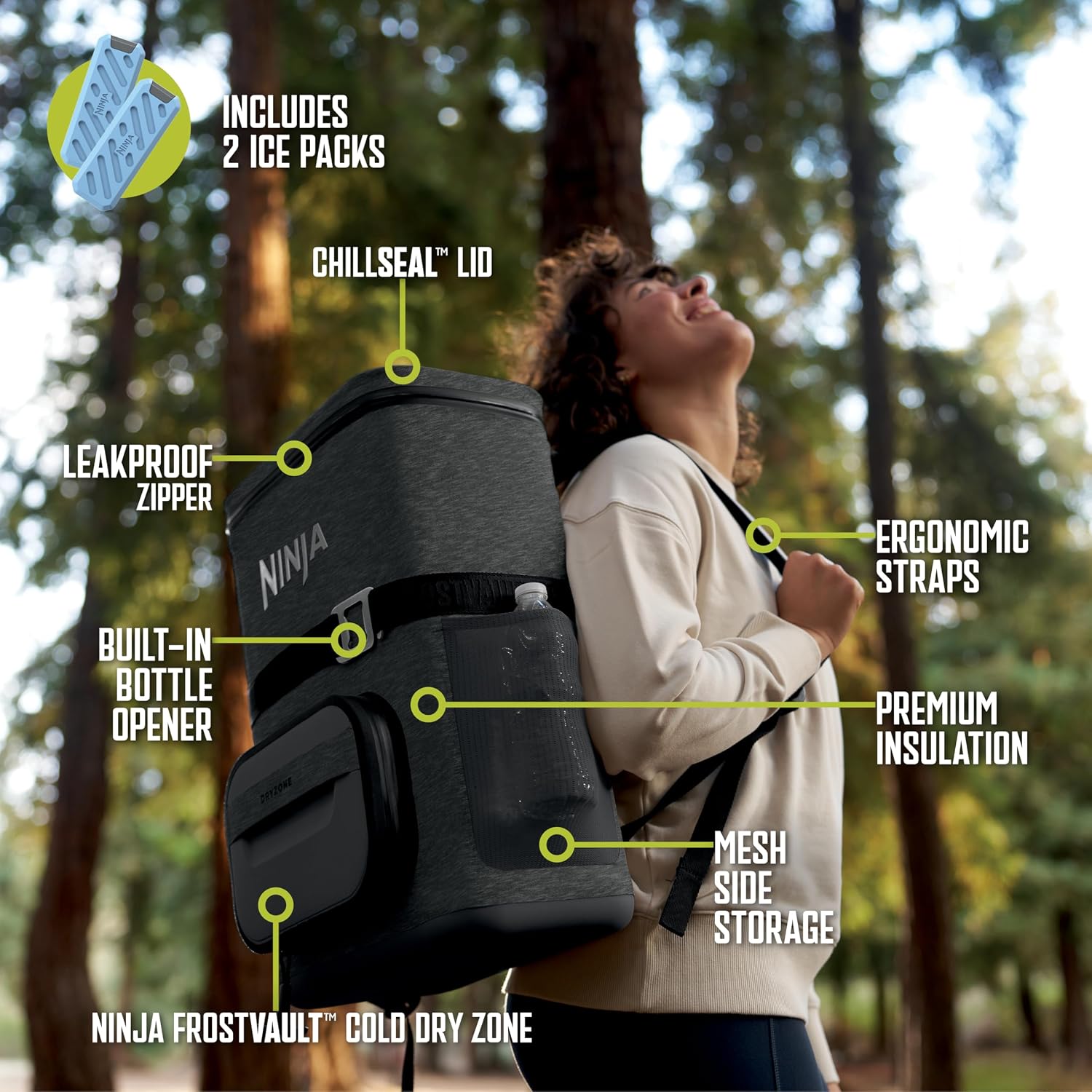 Detalle 2 de Ninja FrostVault Go Can Soft Cooler (24/36 Can) with Leak-Proof Zipper, Cup Holder, 2 Ice Packs, Dry Drawer
