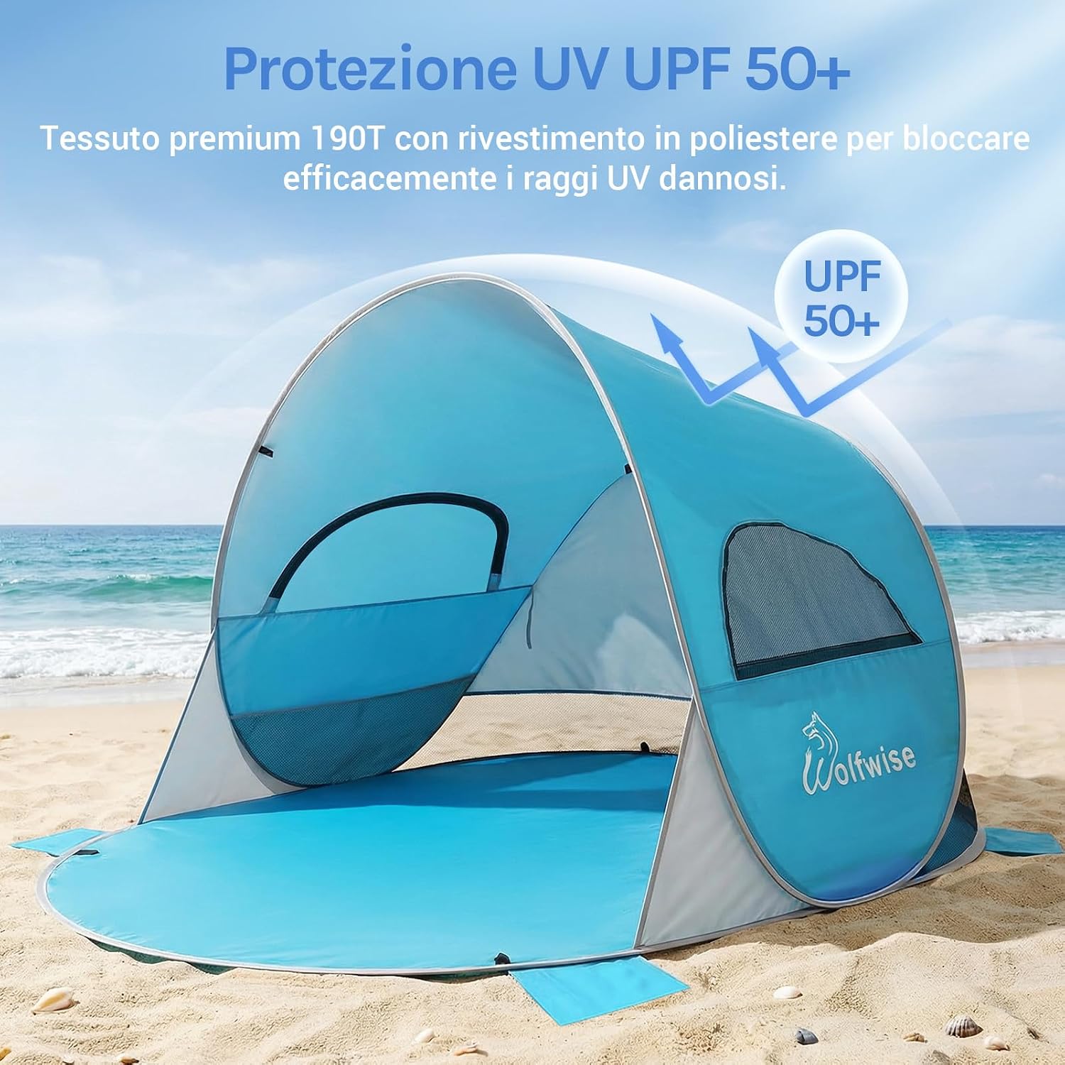 Detalle de Wolfwise Tenda pop-up istantanea per 3-4 persone UPF 50+ 220x145x120 cm, blu