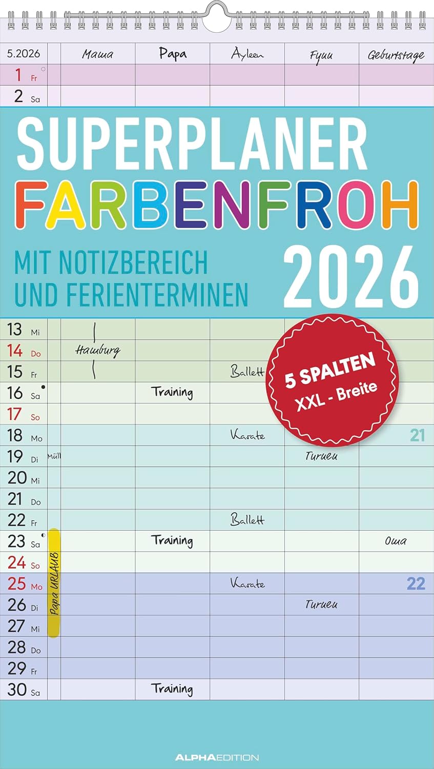 Alpha Edition - Superplaner Farbenfroh: 5 Spalten Familienkalender 2026, 26×45 cm