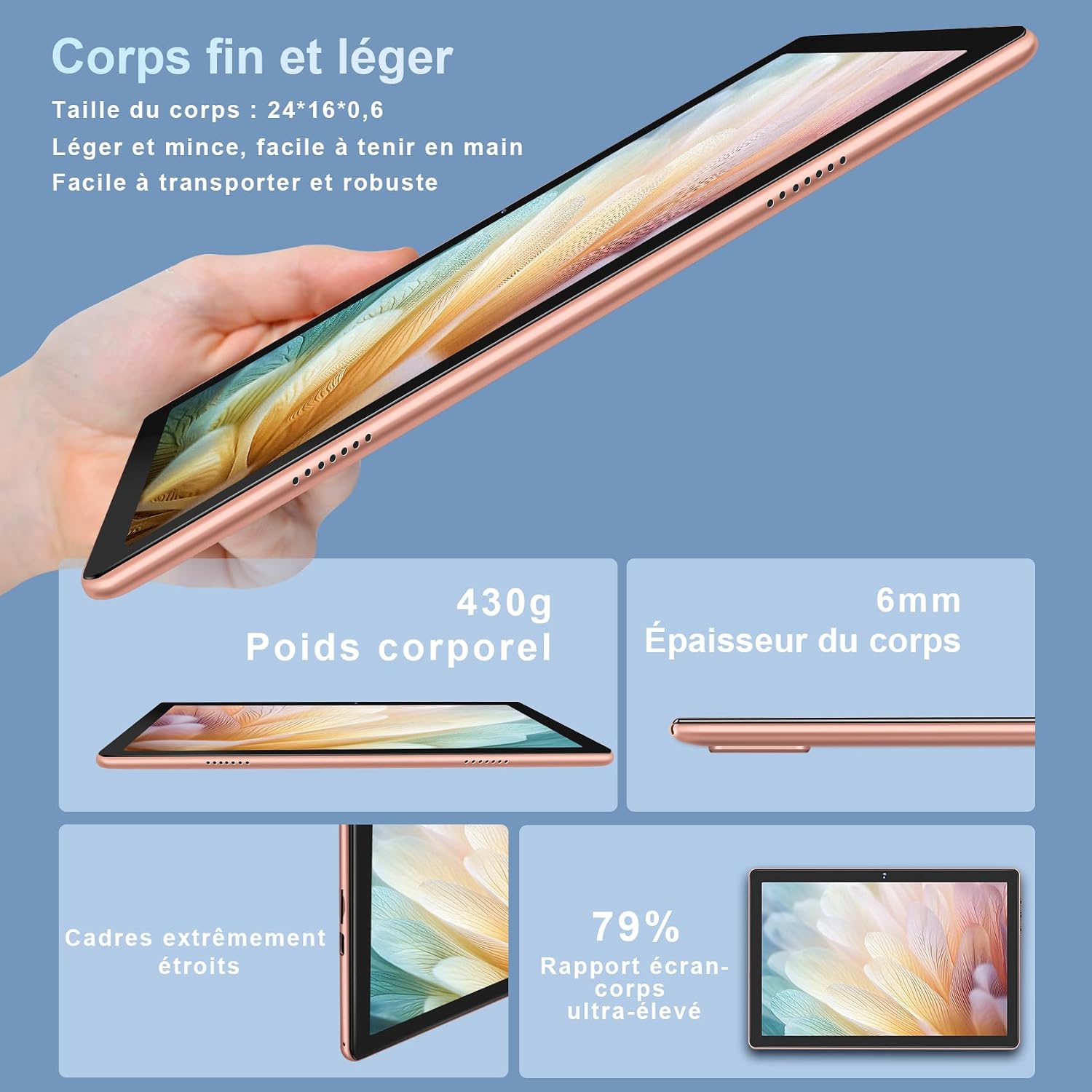Detalle de DMOAO Tablette 10 Pouces: Android 12, 4 Go RAM (extensible jusqu’à 8) – 64 Go ROM, microSD jusqu’à 1 To, 5G Wi‑Fi, Bluetooth 5.0, 430 g