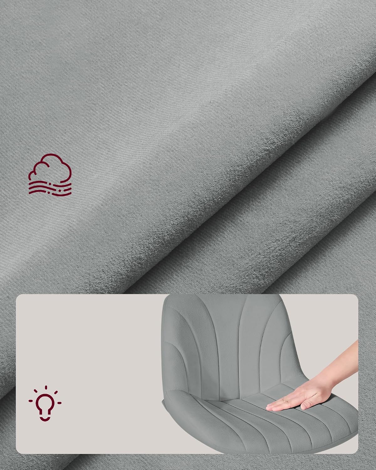 Detalle de VASAGLE Dressing Table Chair: Dove Grey Velvet Swivel Stool