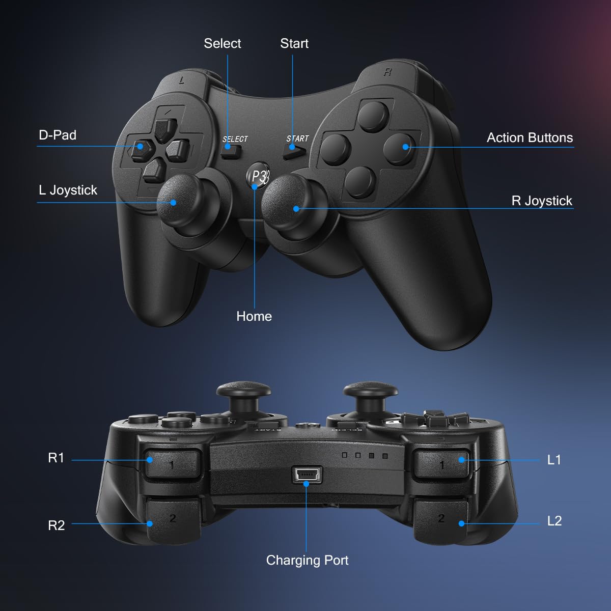 Detalle de Yinjie 2 Pack Wireless Controller for PS3 – Dual Controller Bundle with USB Charging Cables