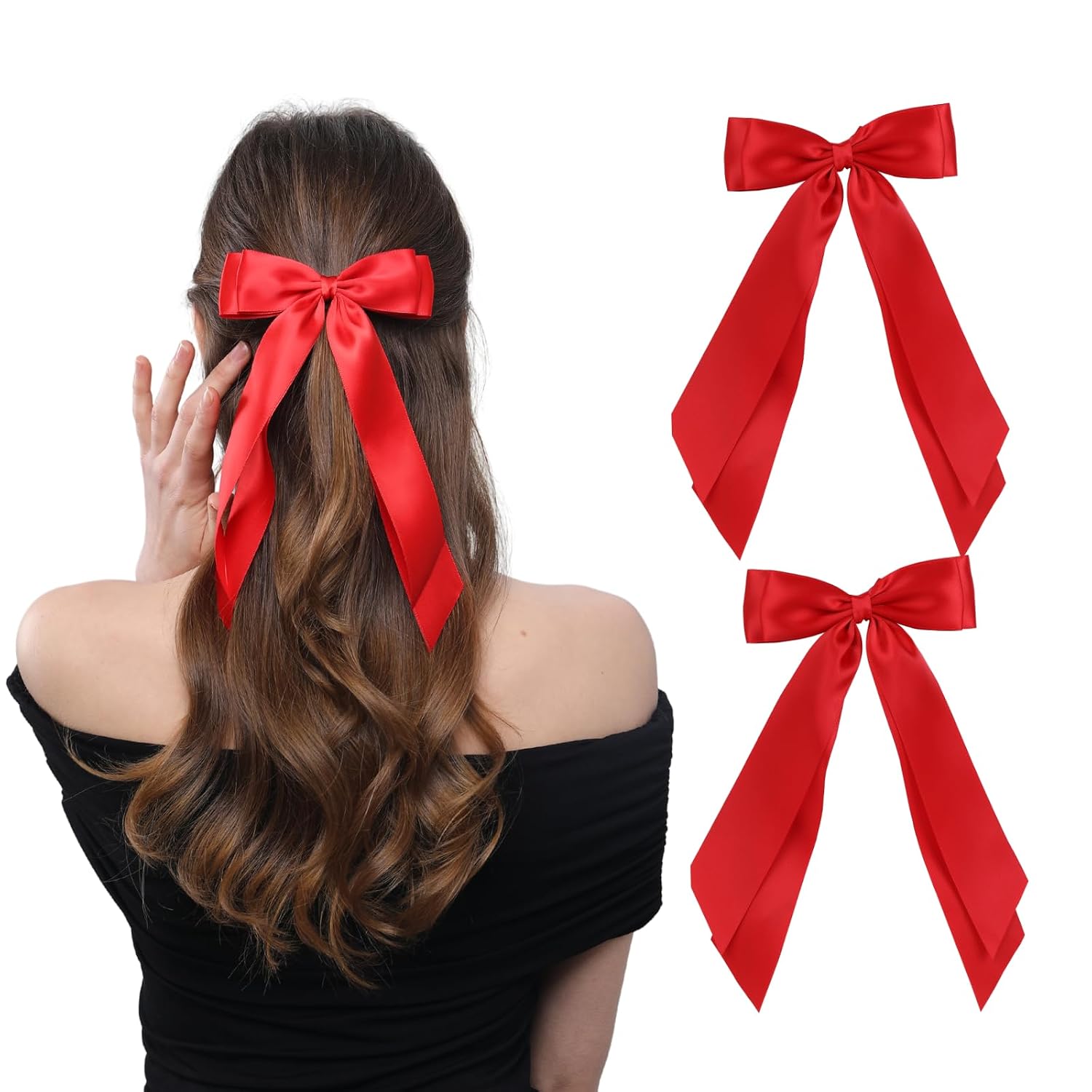 Detalle de LuSeren Double-Layer Satin Hair Bows, Red Alligator Clip Set