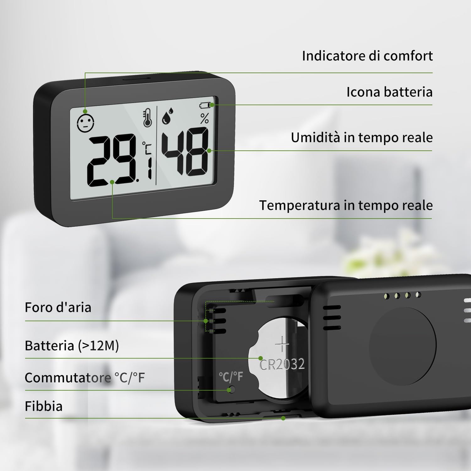 Thumbnail 4 de DOOMAY Mini igrometro termometro da interno con lettura digitale e conversione °C/°F (4,5 cm)