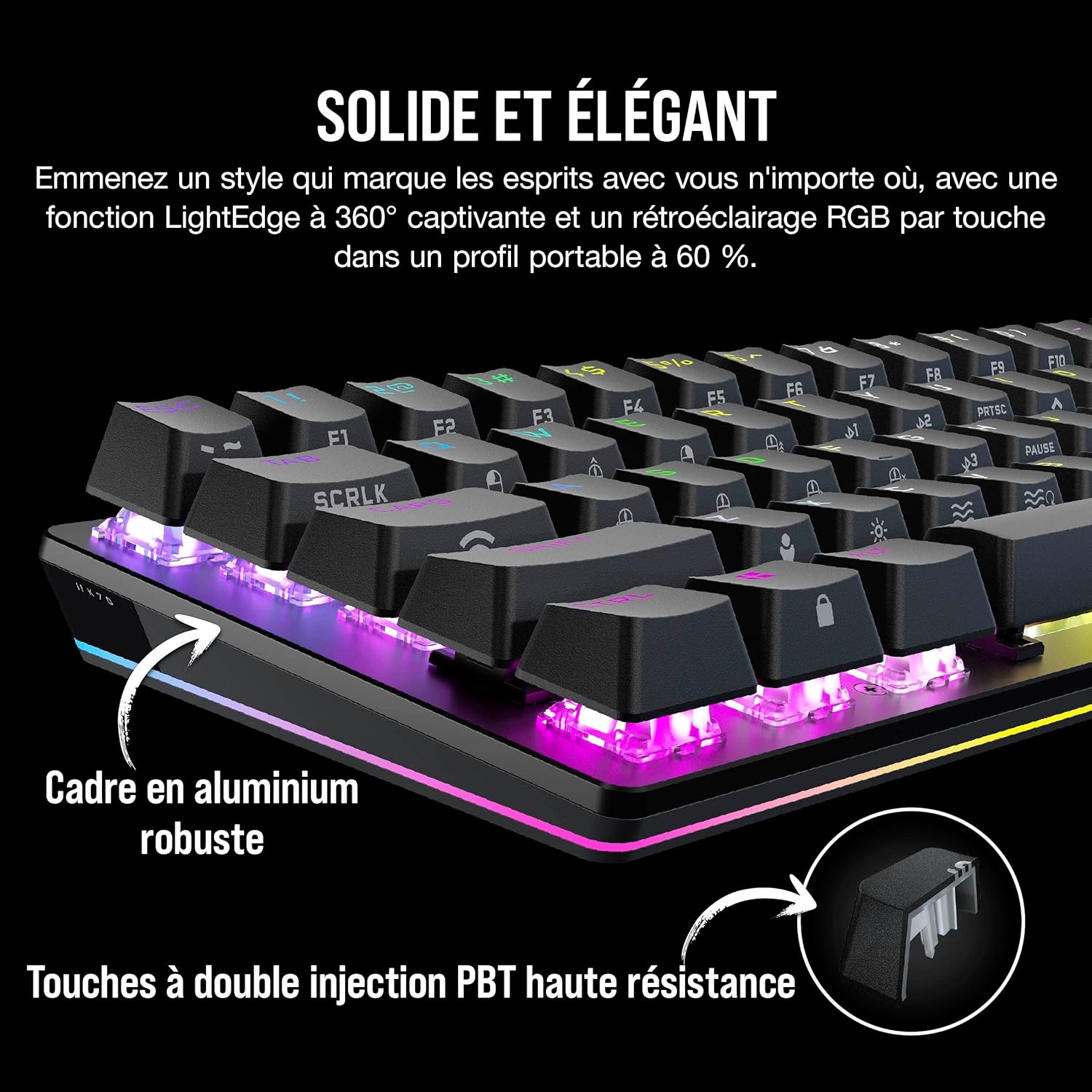 Detalle de Corsair K70 Pro Mini Wireless RGB 60%: Clavier de jeu compact et polyvalent