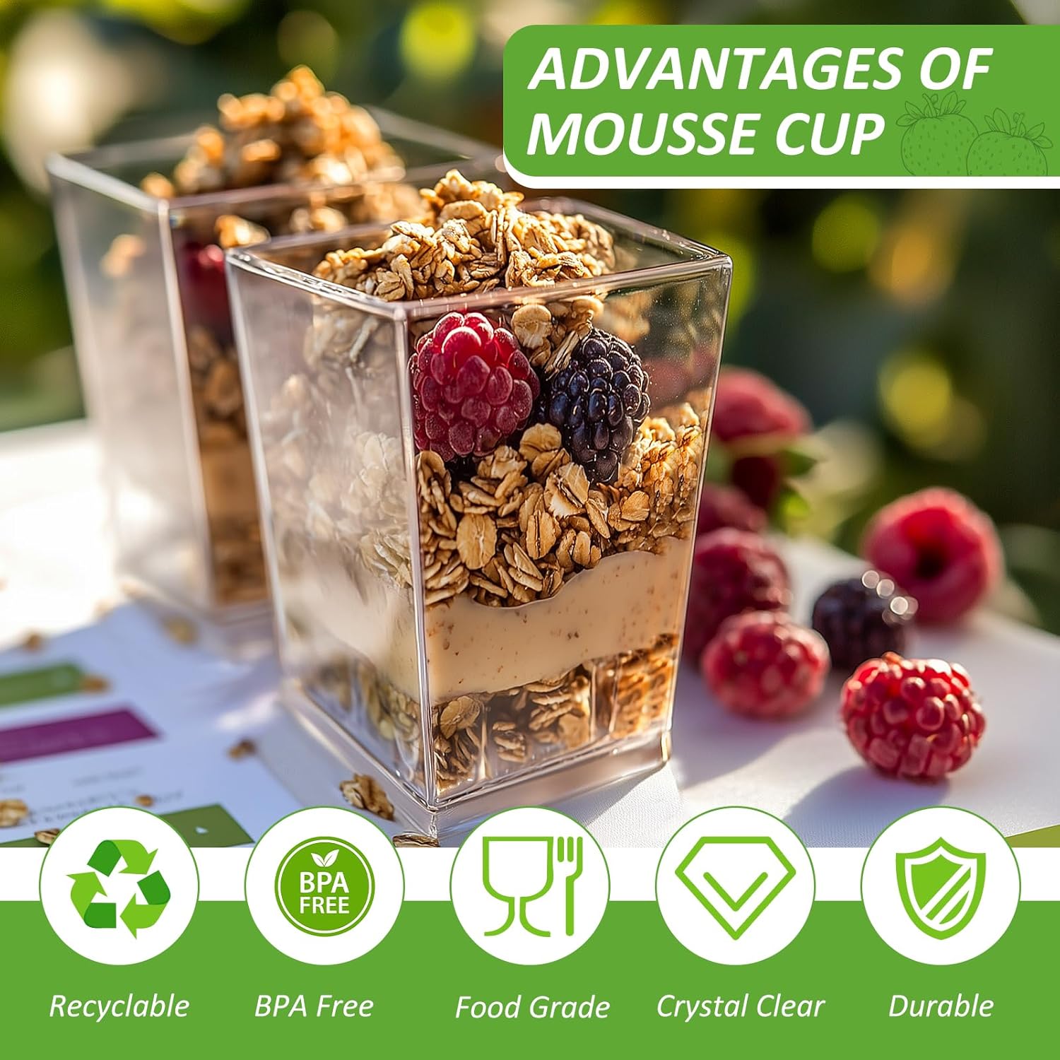 Detalle 2 de Ouxayapl Dessertgläser aus Plastik 5 OZ / 160 ml (50 Stück) inkl. 50 Löffel – transparente Dessertbecher für Eis, Mousse & Joghurt