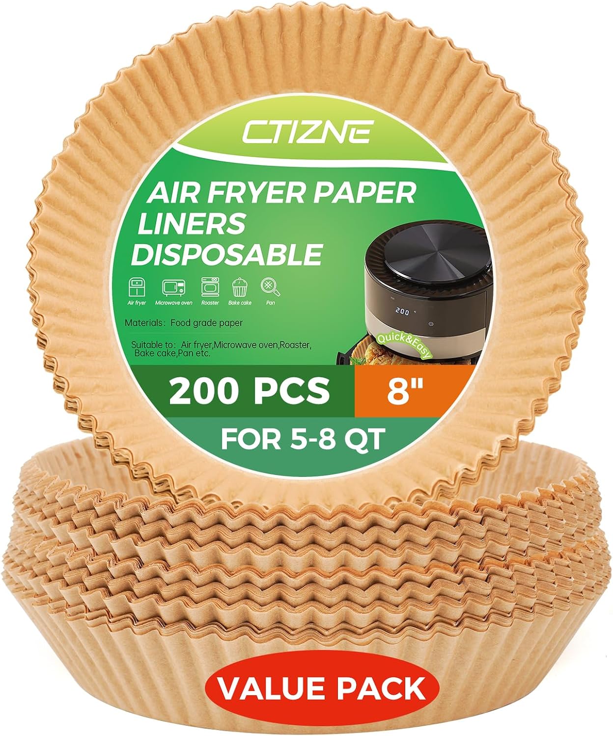 Detalle de Ctizne C200R8 Air Fryer Liners, 8-Inch Round Parchment, 200 Count