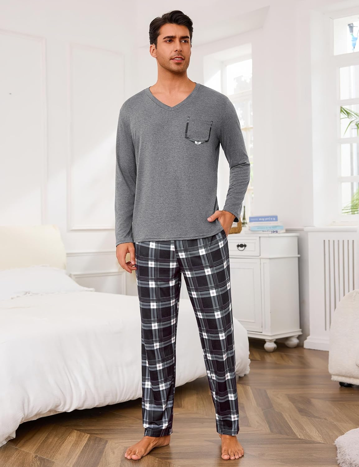 Detalle de Uniexcosm Pyjama Homme Hiver en coton – Ensemble à carreaux, manches longues