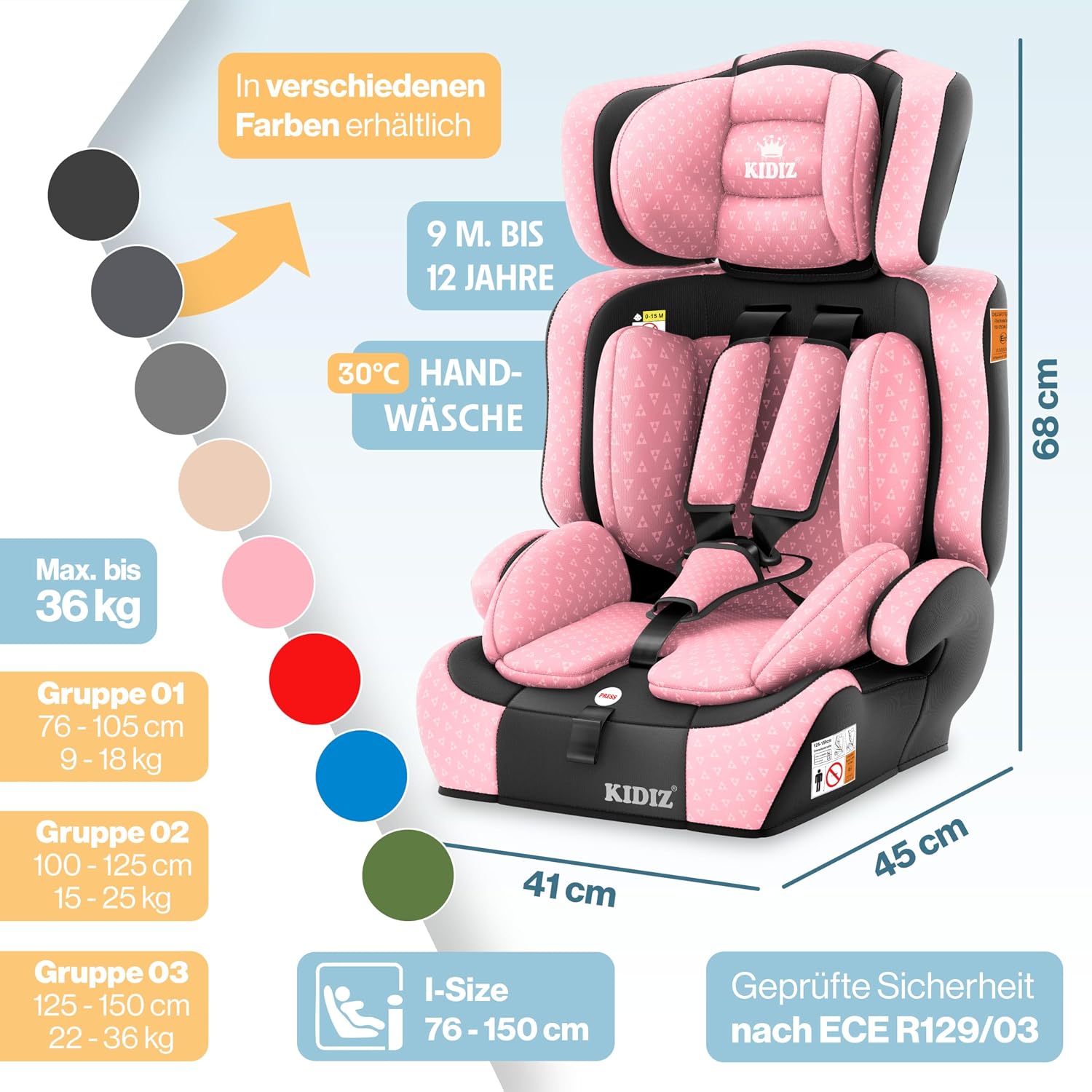 Detalle 2 de KIDIZ Autokindersitz i-Size R129 (100–150 cm) bis 12 Jahre – Gruppe 1/2/3 ohne Isofix, 5-Punkt-Gurt, Rosa