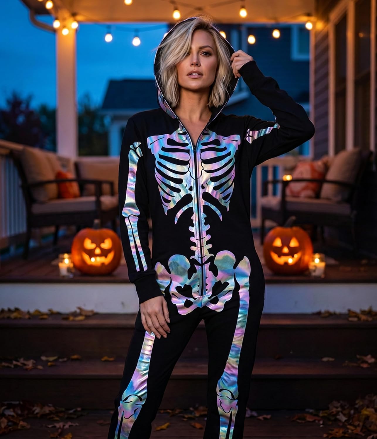 Detalle de Tipsy Elves TE-WJMP43 Women's Skeleton Halloween Jumpsuit with Iridescent Print