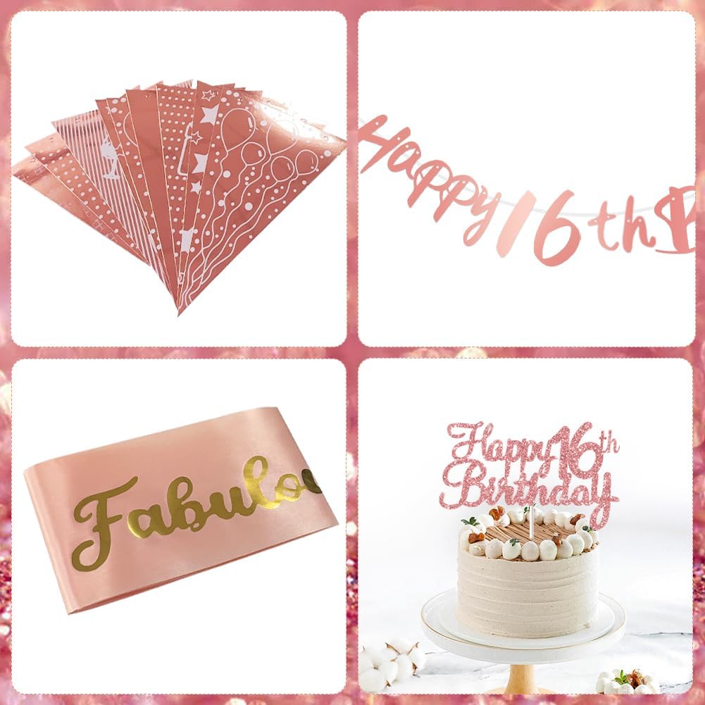 Thumbnail 3 de 16th Birthday Decorations Retro Pink Rose Gold set (Double Digits) – banner, pennant flags, cake topper & balloon assortment