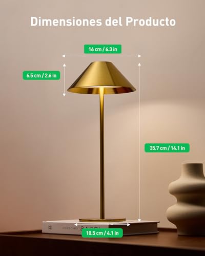Detalle 2 de Bojim lámparas de mesa sin cable con USB recargable, iluminación LED táctil y acabado dorado