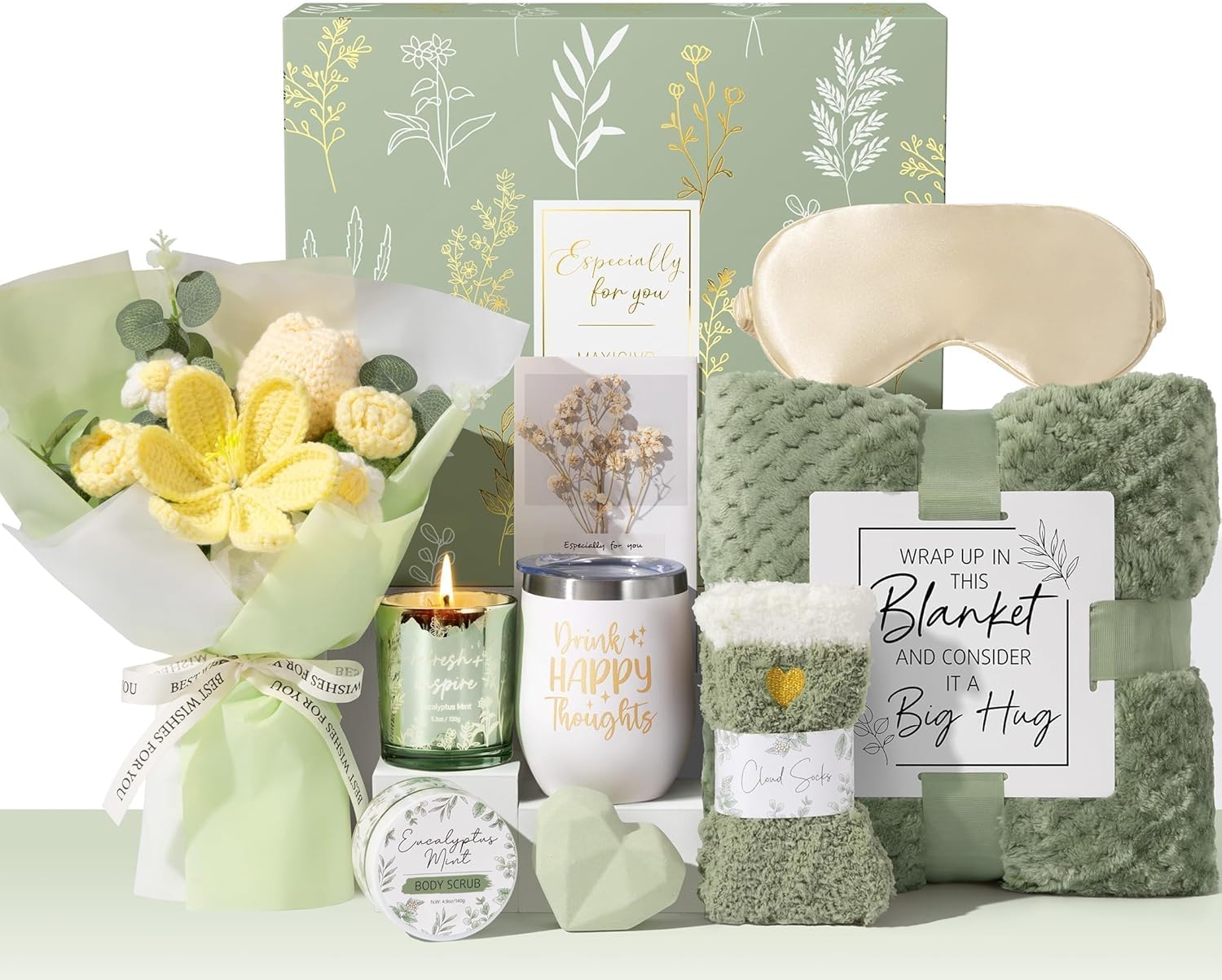 Detalle de MAYICIVO Spa Self-Care Gift Basket with Throw Blanket and Crochet Bouquet