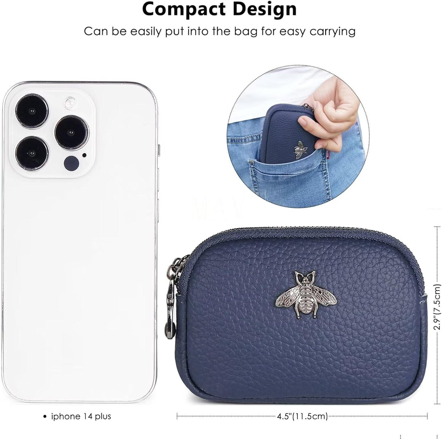 Thumbnail 4 de MAVHVAM Ladies Genuine Leather Small Purse for Women – Blue Mini Coin Wallet with Double Zip