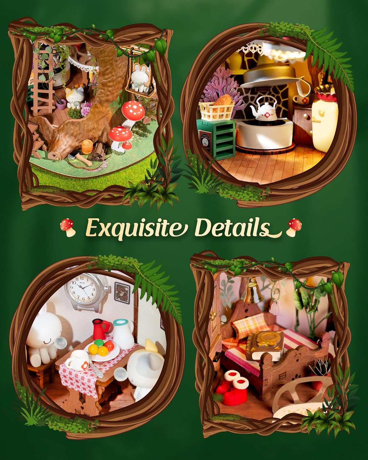 Detalle de ROBOTIME Fairytale Tree House : kit maison miniature en bois à construire avec éclairage LED