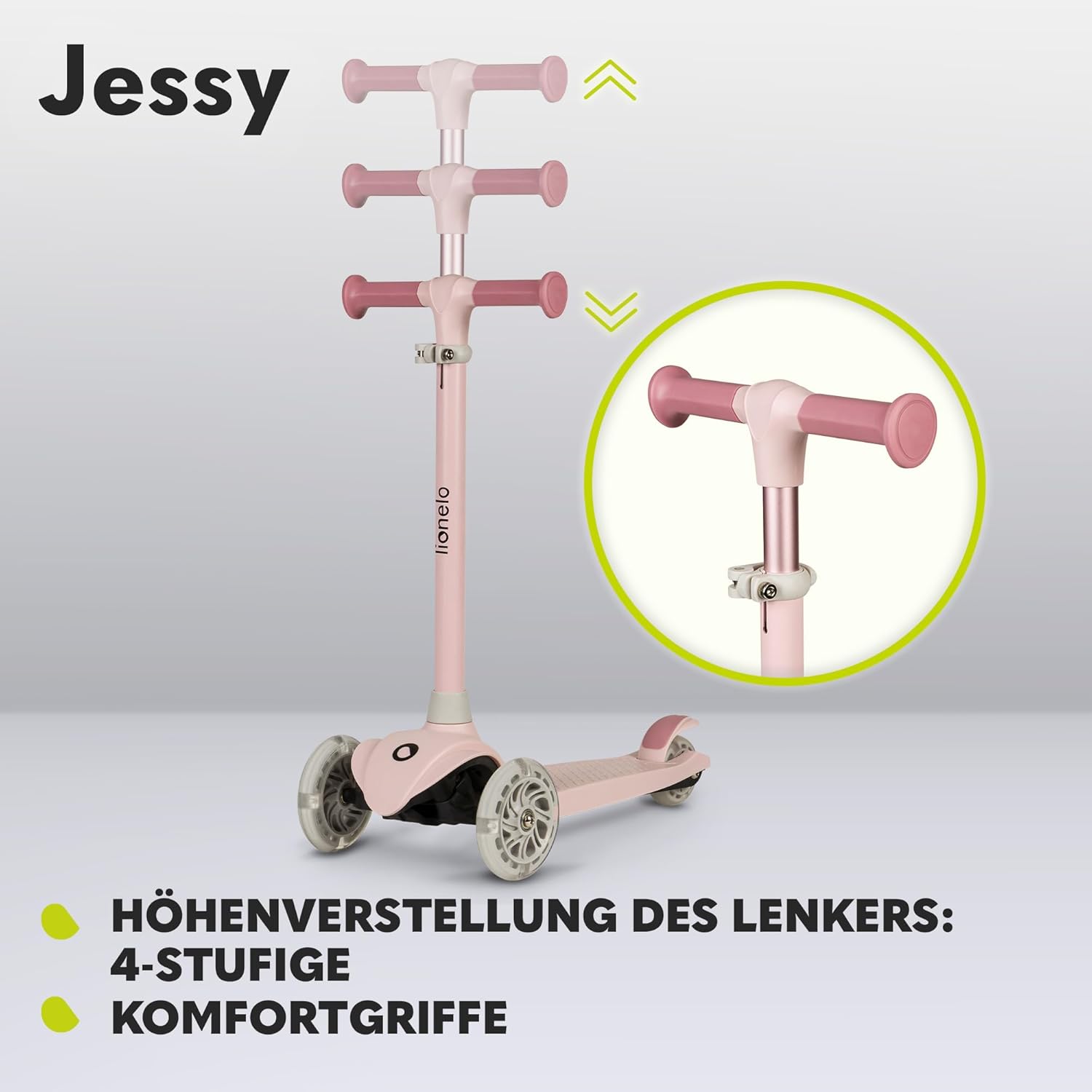 Detalle de LIONELO Jessy Premium Dreirad-Kinderroller mit LED-Rädern – höhenverstellbar, sicher & faltbar