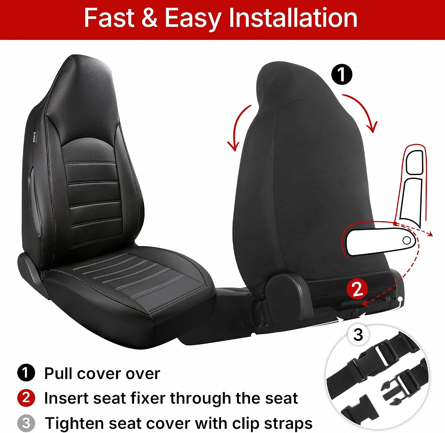 Detalle 2 de AUTOYOUTH Universal Front Car Seat Covers – Waterproof PU Leather, Black