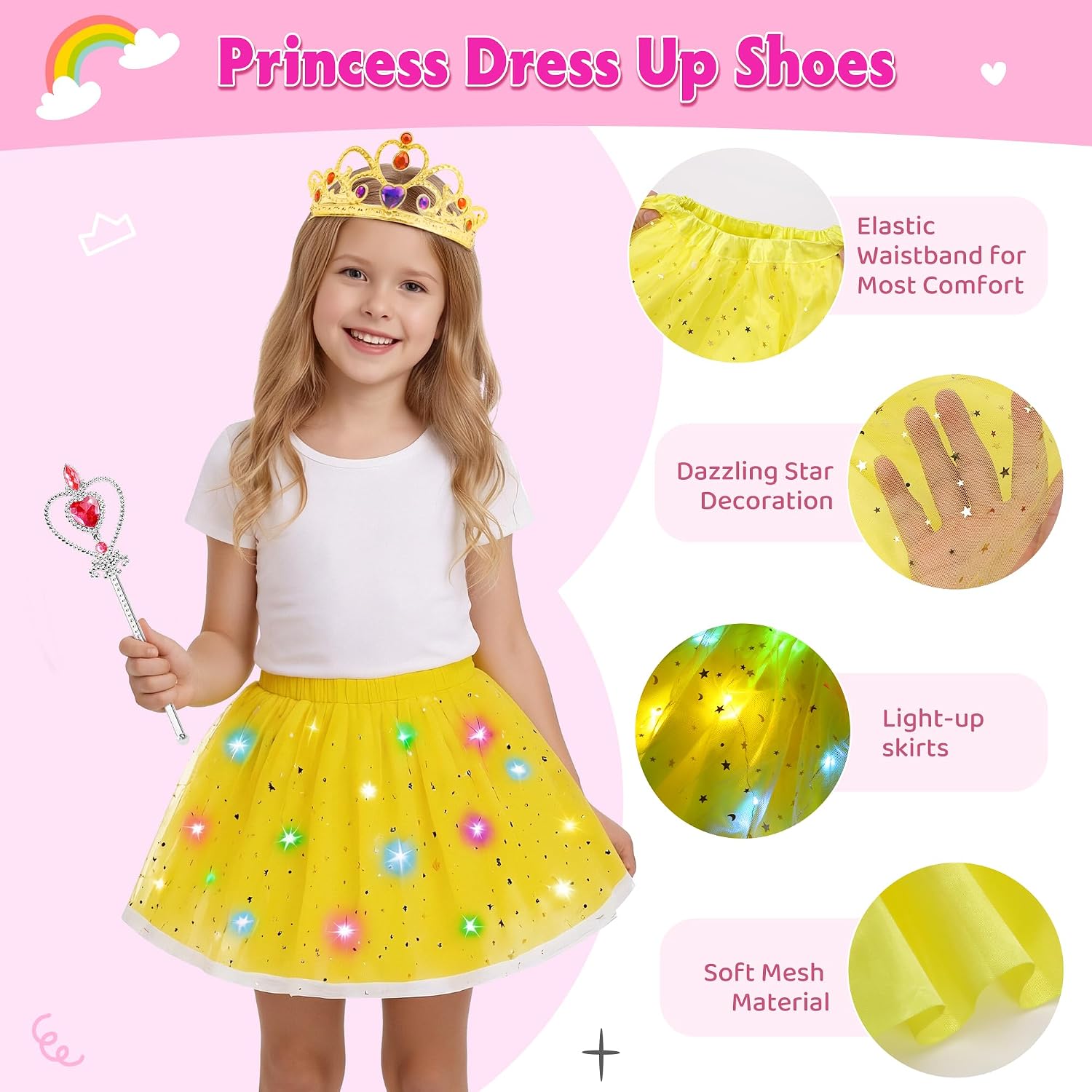 Detalle de Meland Princess Dress-Up Set for Girls Ages 3–6 with Light-Up Shoes and 3 Skirts