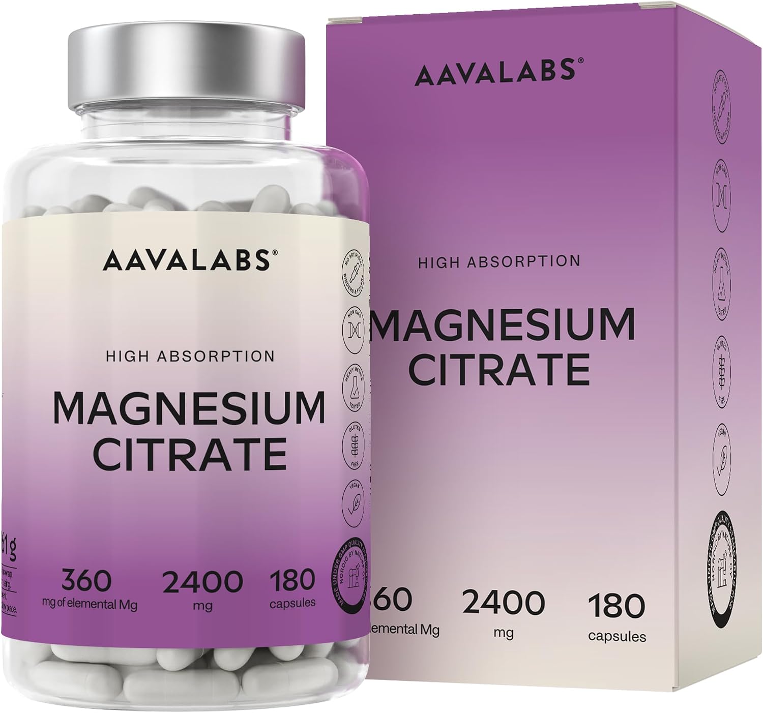 Detalle de Magnesiumcitrat Kapseln Hochdosiert 2400 mg – AAVALABS, vegan, mit hoher Bioverfügbarkeit