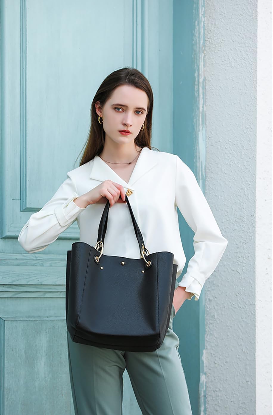 Detalle de sqlp Taschen Damen Leder Groß Shopper – PU-Lerntasche mit rotem Innenfutter, 28×21×29 cm, Paris-Design