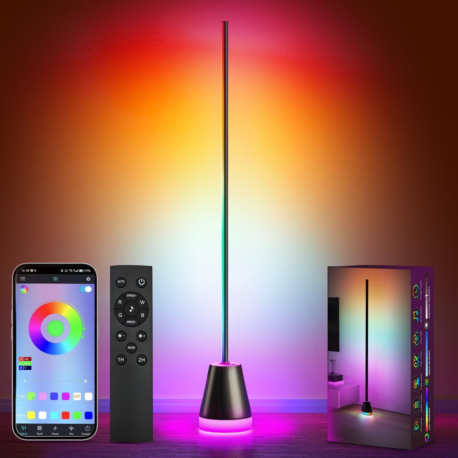 Detalle de Keepsmile Smart Corner Stehlampe – 16 Mio. Farben, App & Fernbedienung, Musik-Sync, dimmbar