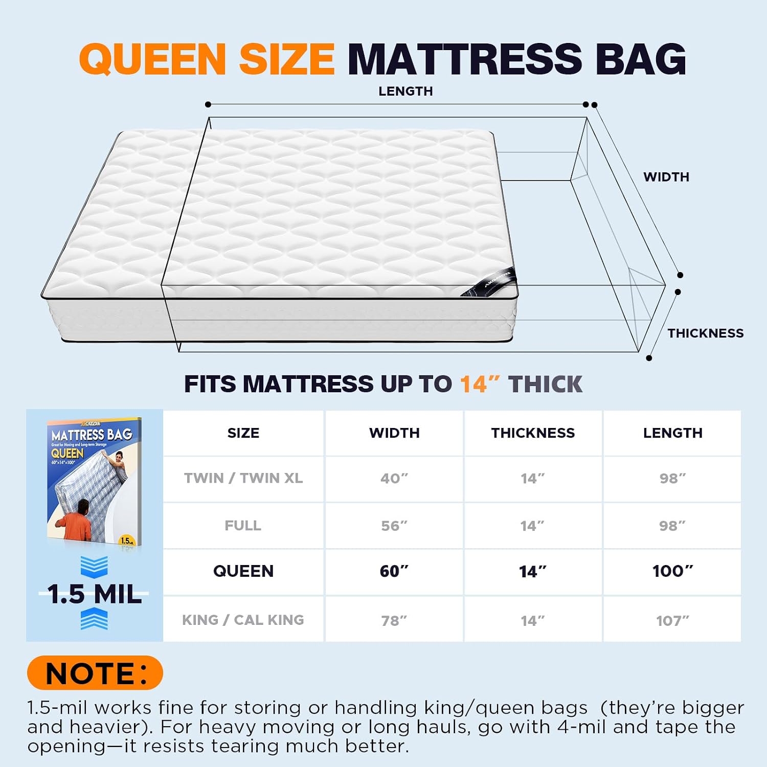 Detalle de LDPE Plastic Mattress Bag for Moving & Storage – Waterproof Queen Size (1.5MIL) Mattress Protector