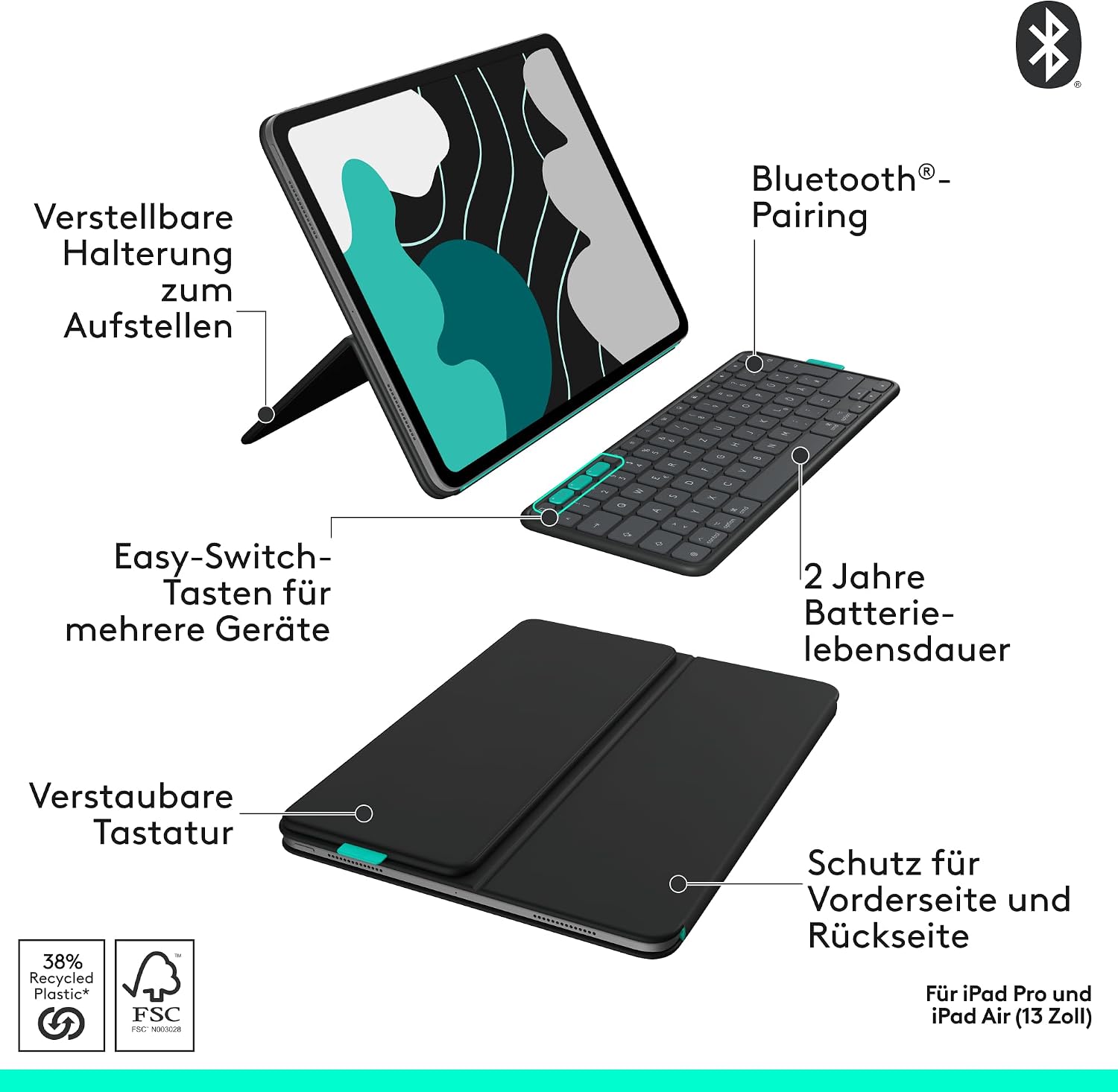 Thumbnail 6 de Logitech Flip Folio: Tastatur-Case für iPad Pro 13 Zoll (M4/M5) und iPad Air 13 Zoll (M2/M3) – DEU QWERTZ, Graphit