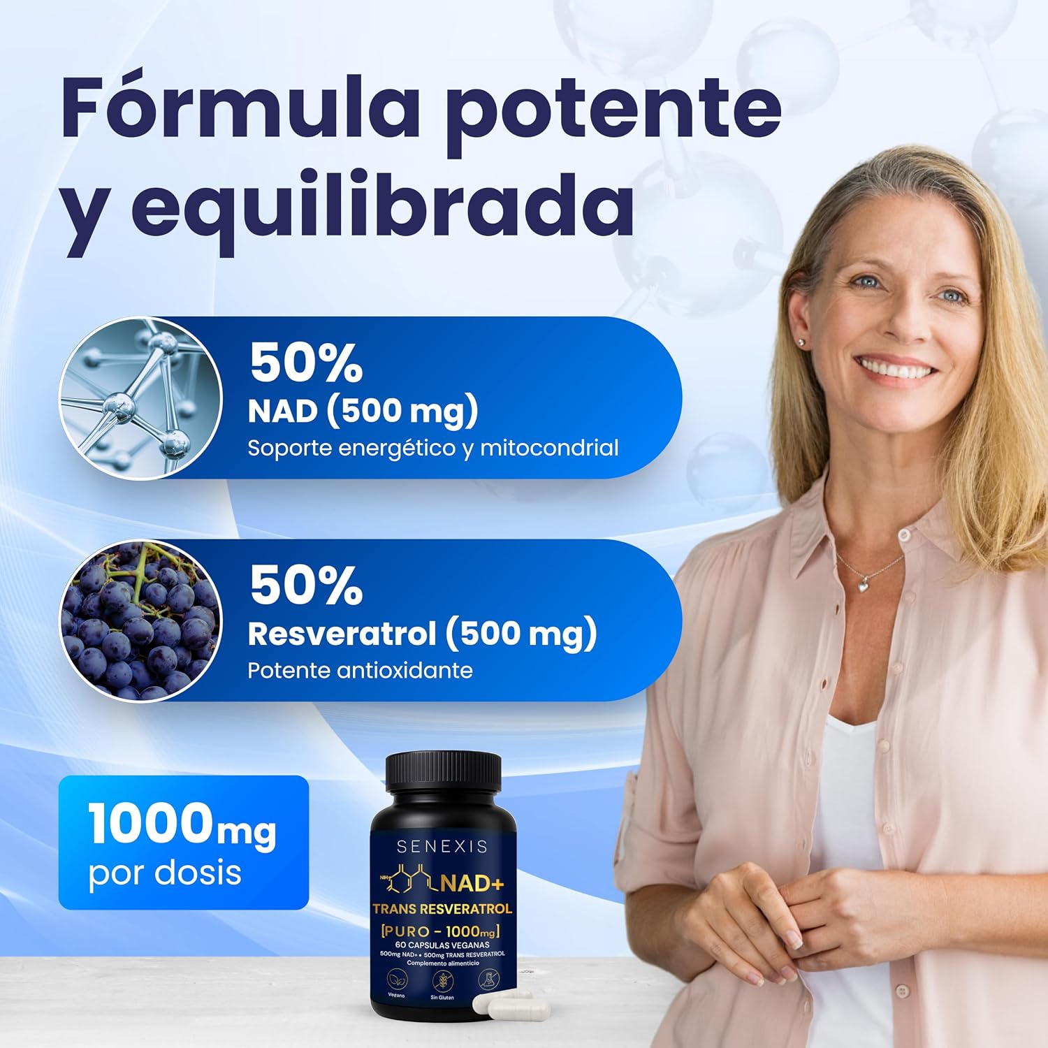 Thumbnail 2 de SENEXIS Nad Resveratrol Puro 1000 mg (60 cápsulas veganas): apoyo de energía celular y cognición