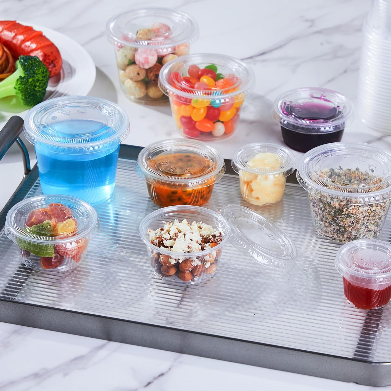 Detalle de Lamosi 500 Set 1 oz Jello Shot Cups with Lids – Bulk 1 oz Disposable Condiment Cups for Storage, Dressing, and Dipping