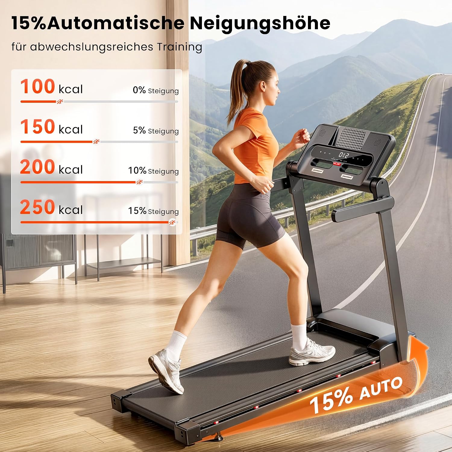 Detalle de Klappbares Laufband für Zuhause mit 15% automatischer Steigung, 3 PS Motor und Bluetooth-Lautsprecher