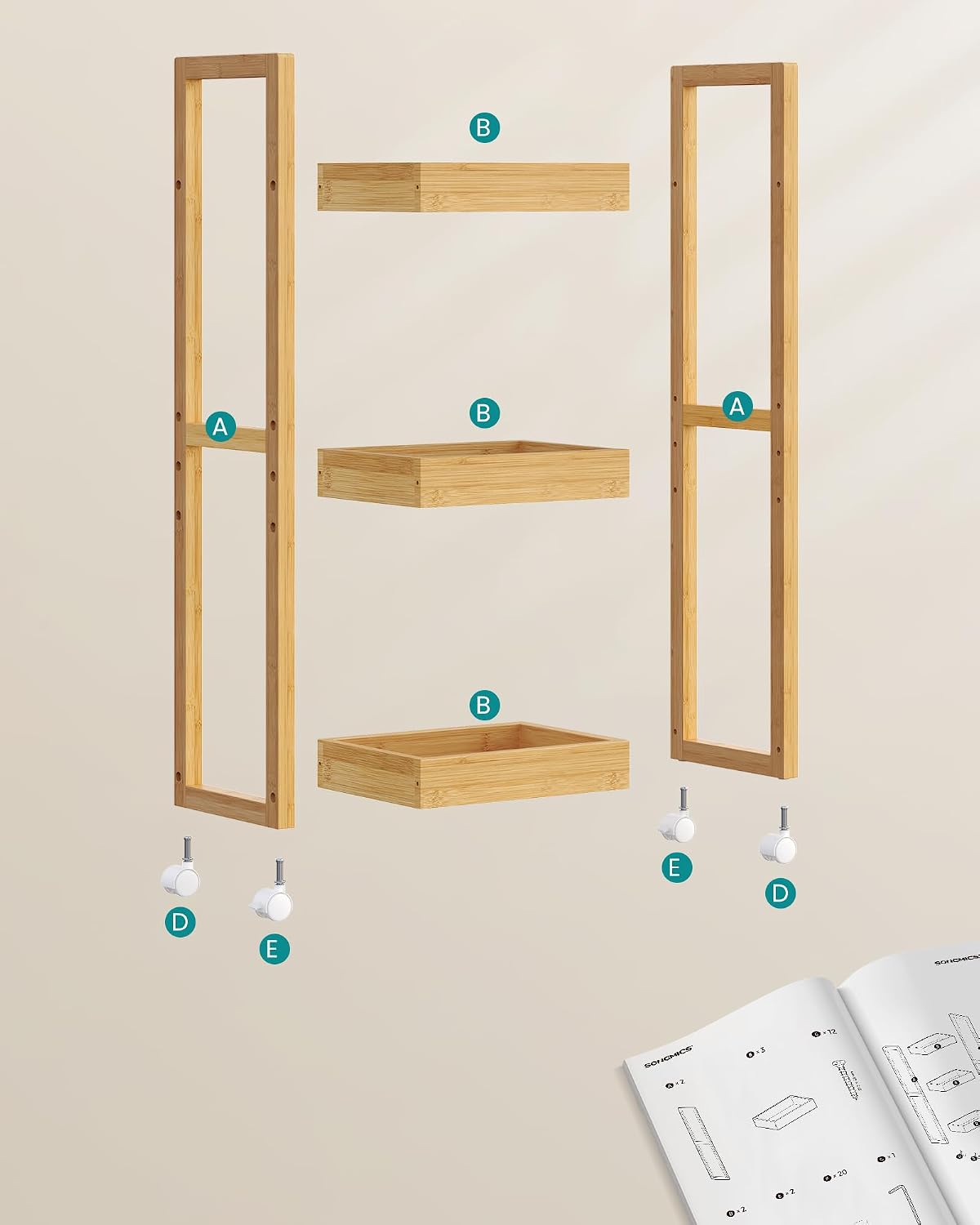 Thumbnail 1 de SONGMICS Carrellino Salvaspazio Bambu 3 Ripiani con Ruote, 20 x 30 x 80 cm, Beige Naturale – BCB083N01