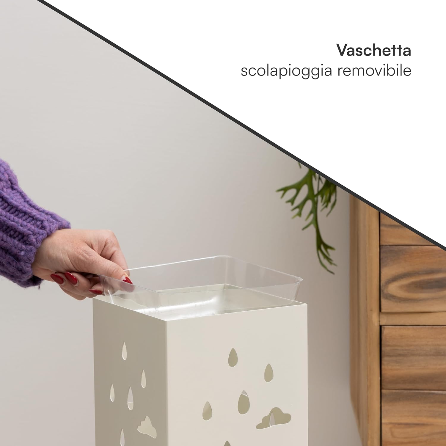Detalle 2 de Baroni Home portaombrelli design moderno in metallo bianco con gatto, vaschetta scolapioggia rimovibile e 2 gancini