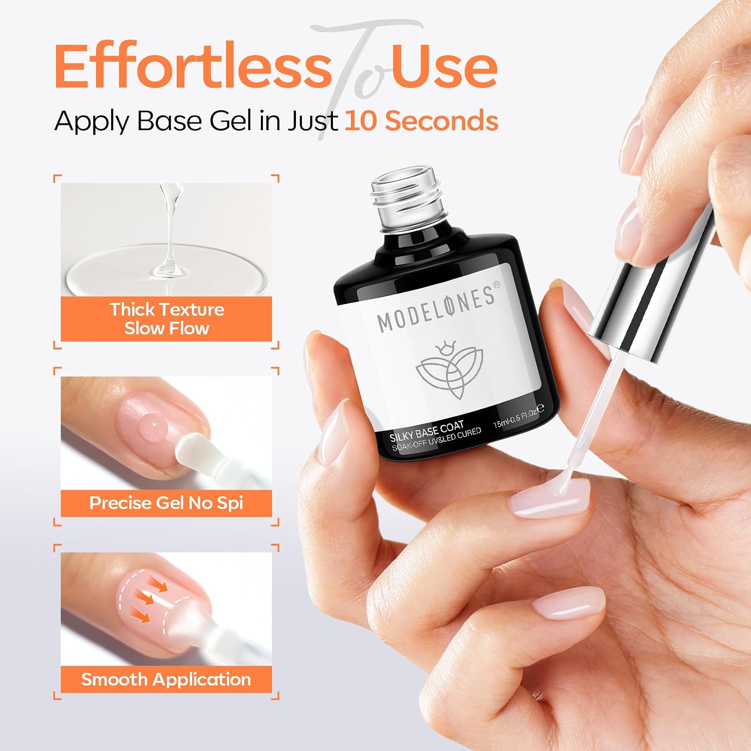 Detalle 2 de modelones Gel Nail Polish Top Base Coat Set (Silky Base + Extra Glossy No Wipe Top Coat), Clear Gel, 15 mL