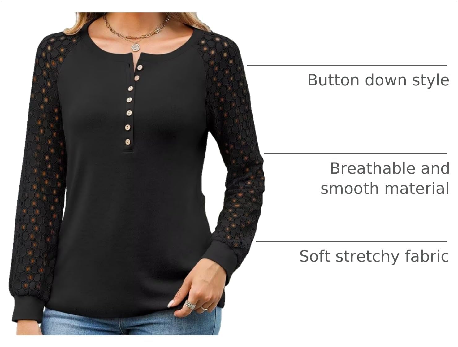 Detalle de Minetom Women's Lace-Sleeve Henley Top, Long Sleeve Cotton Blend