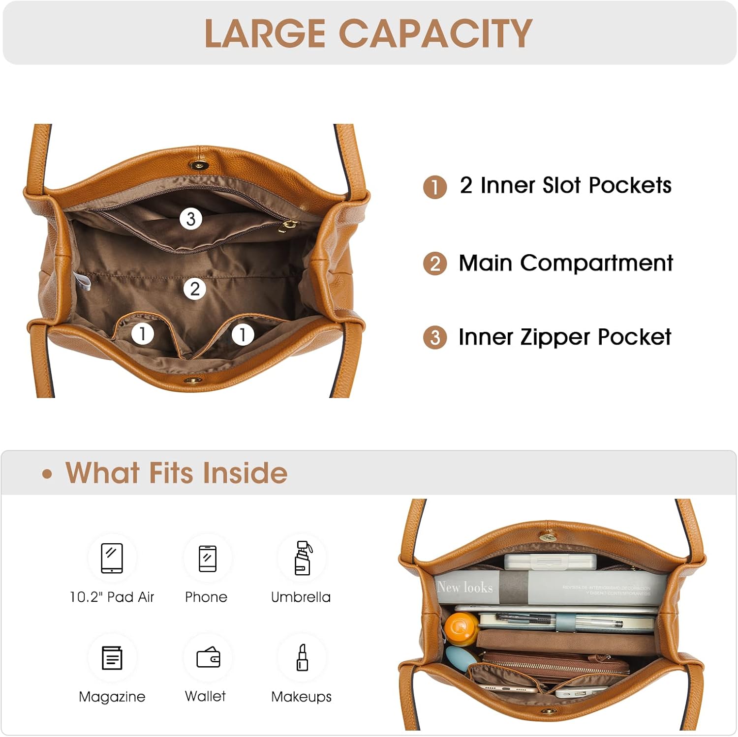 Detalle de Kattee sac fourre-tout en cuir véritable souple pour femme – pratique et élégant