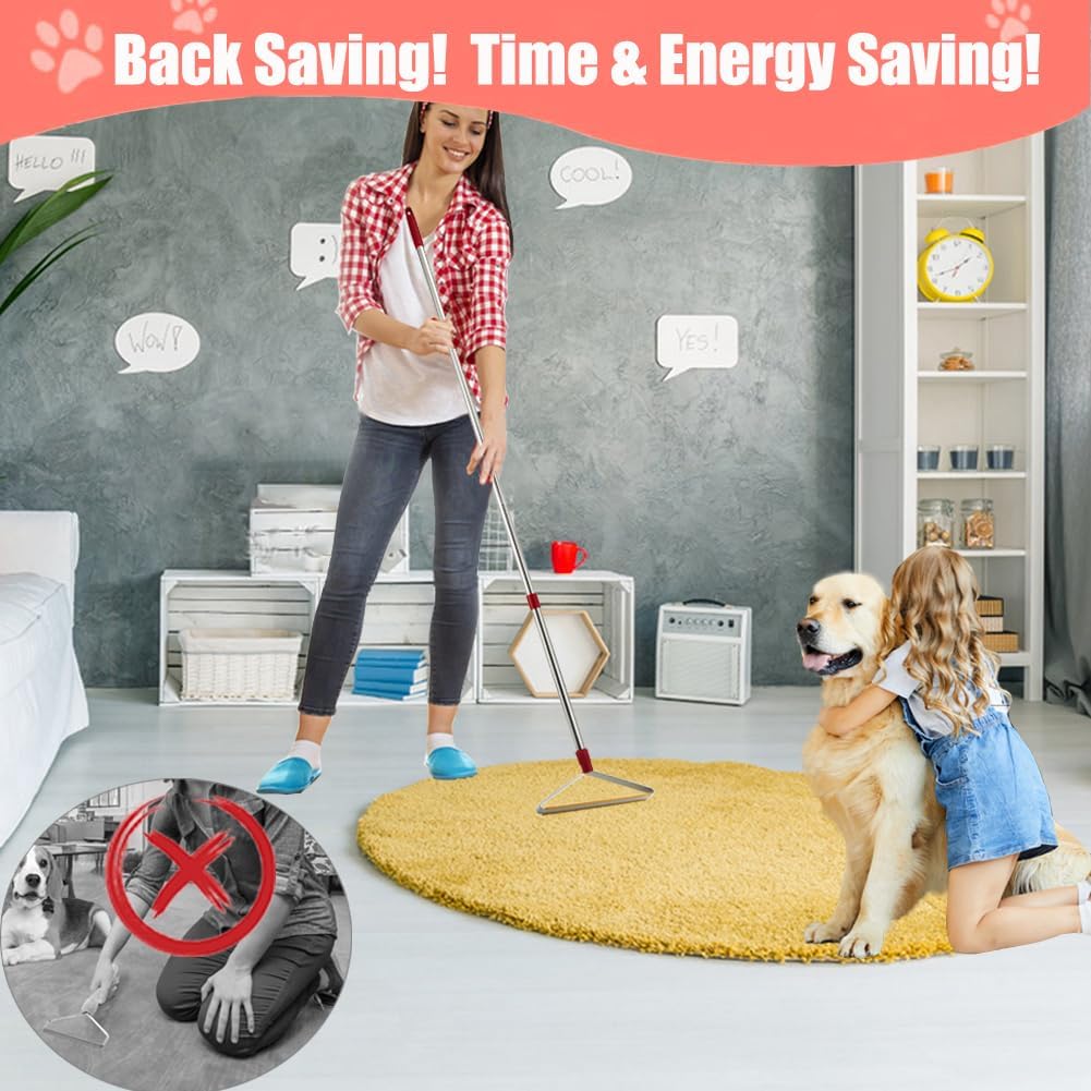 Detalle de Upgrated carpet rake for pet hair removal with long handle (with mini scraper) — 2-in-1 rug and stair brush