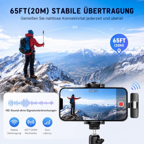 Detalle 1 de Qhot Kabelloses Lavalier Mikrofon für iPhone & Android – DSP-Rauschunterdrückung, 2,4-GHz, USB-C & Lightning