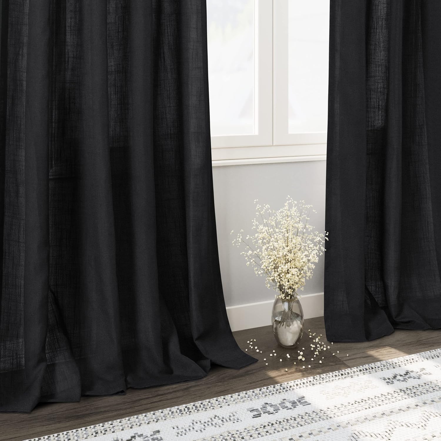 Thumbnail 5 de Black Linen Curtains 84 inches Long, 2 Panels – Back Tab, Light Filtering, Privacy, Linen Blend Gauze Drapes
