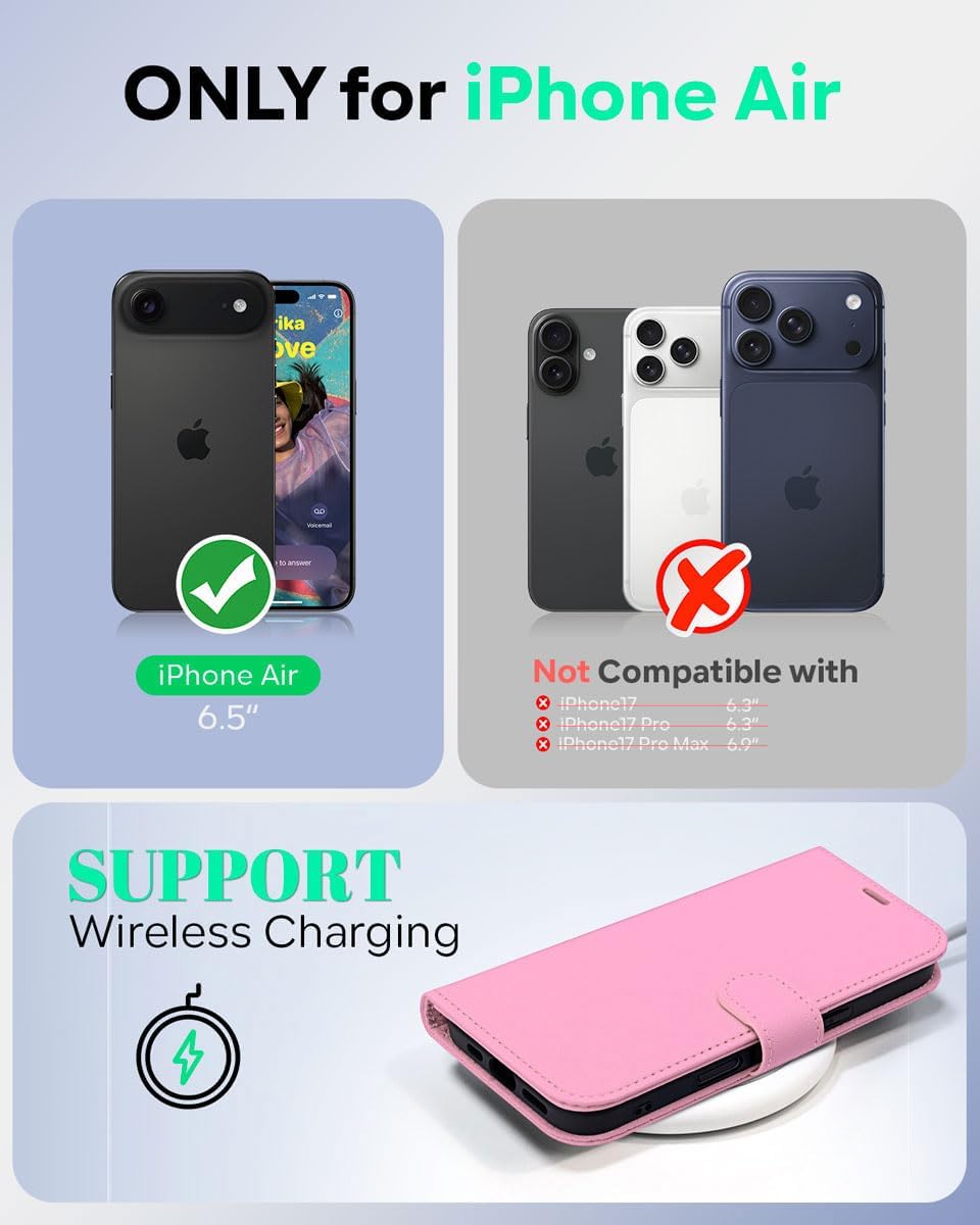 Detalle 2 de OCASE Lederhülle für iPhone Air 5G – Kartenfach, RFID-Schutz, Standfunktion, rosa