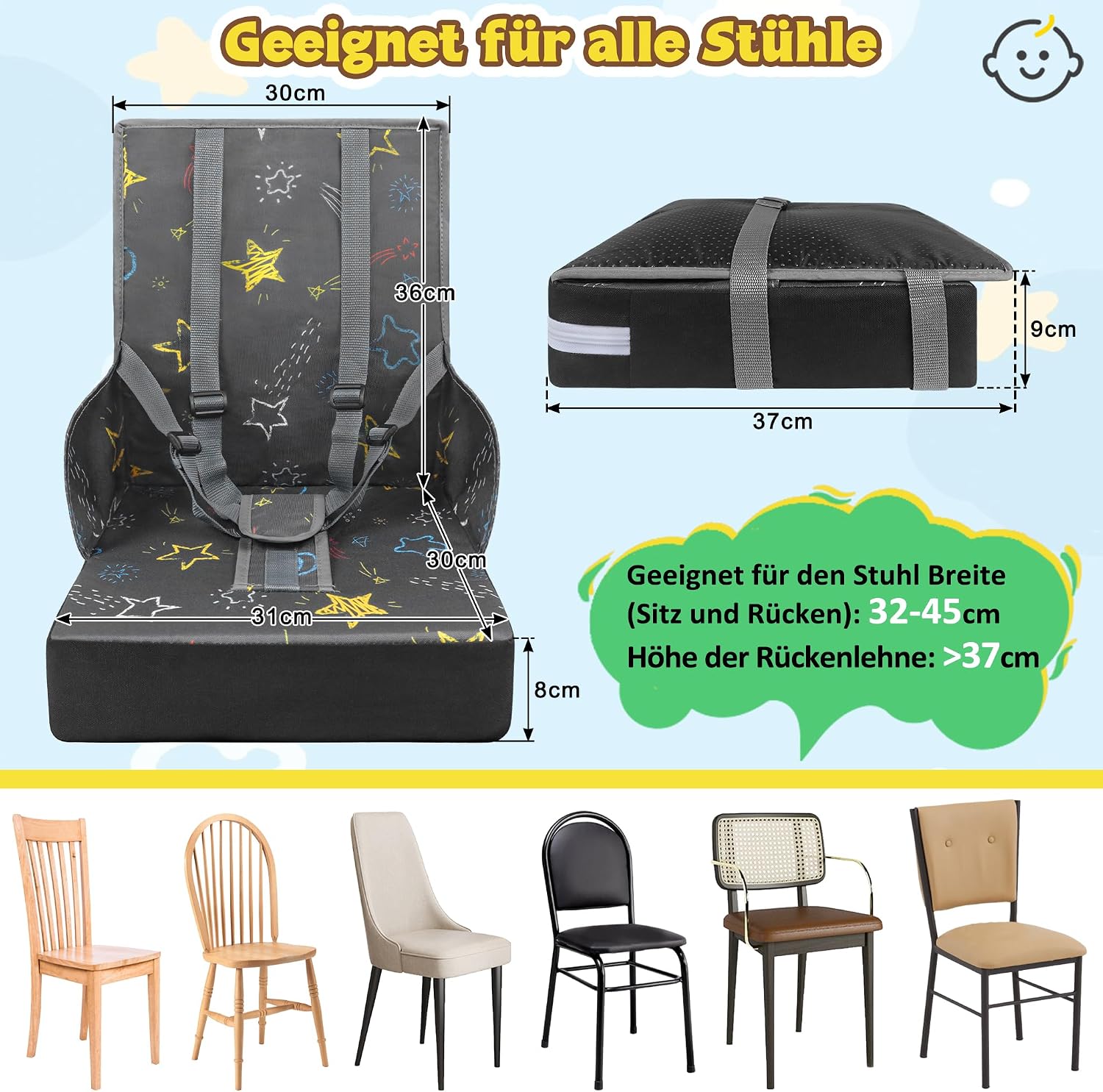 Detalle 2 de UISEBRT draagbare kinderstoelverhoger met 3-puntsgordel, antislip, grijs