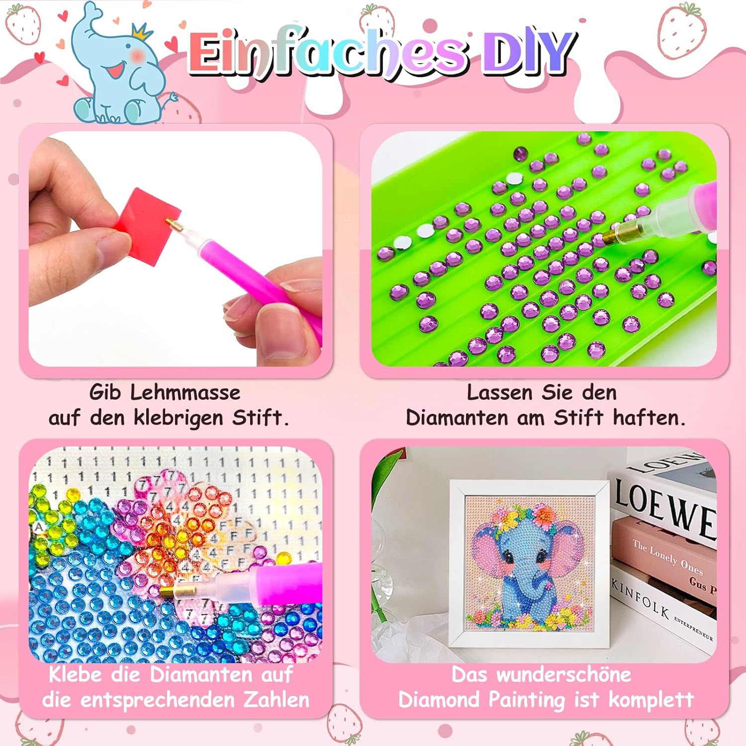 Thumbnail 4 de Jieyisier Elefant 5D Diamond Painting Set mit Holzrahmen (6x6 Zoll) – DIY Tierbild zum Selbermachen