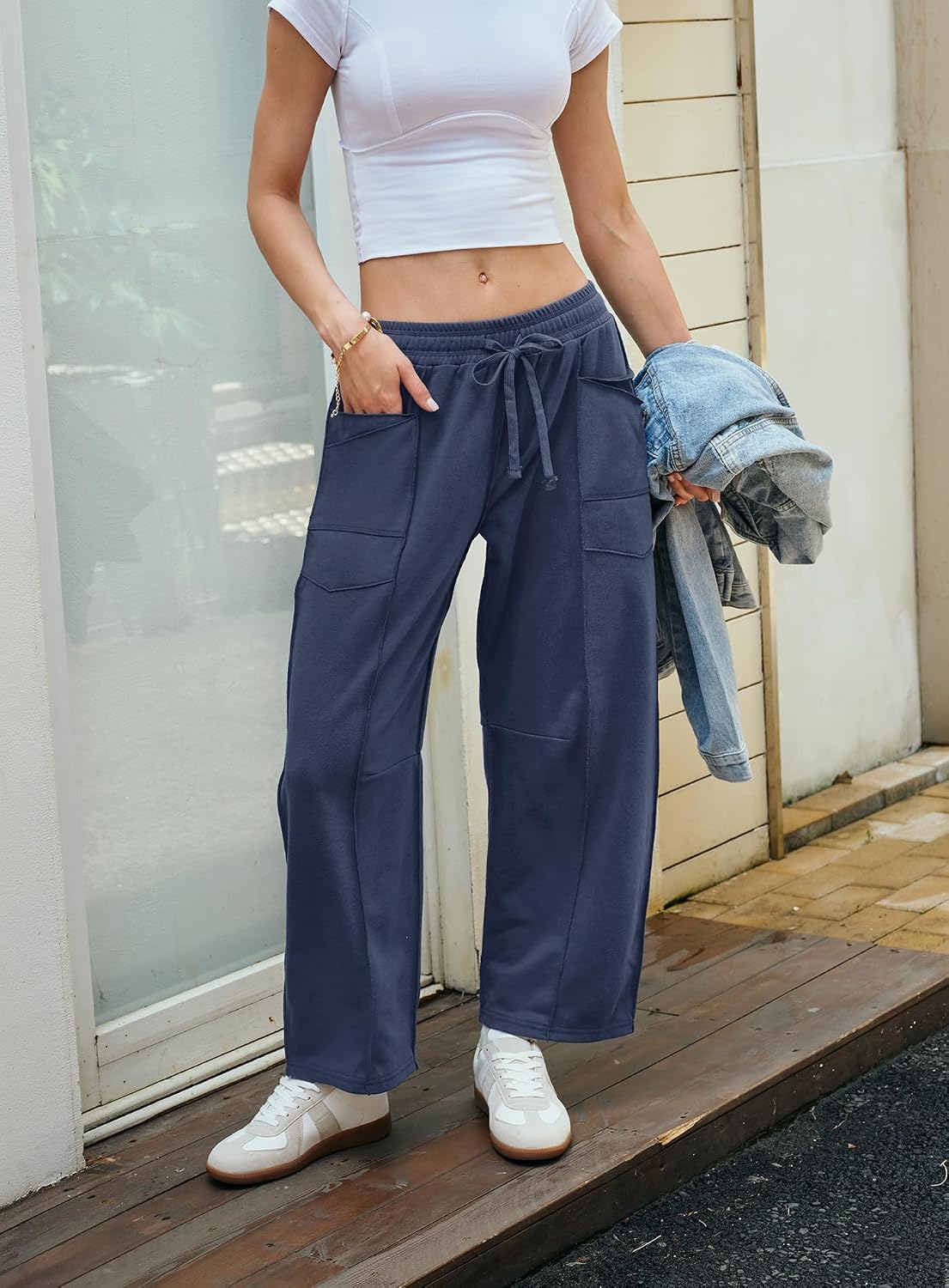 Detalle de Yanekop Women's Baggy Wide-Leg Palazzo Pants with Elastic Waist and Pockets